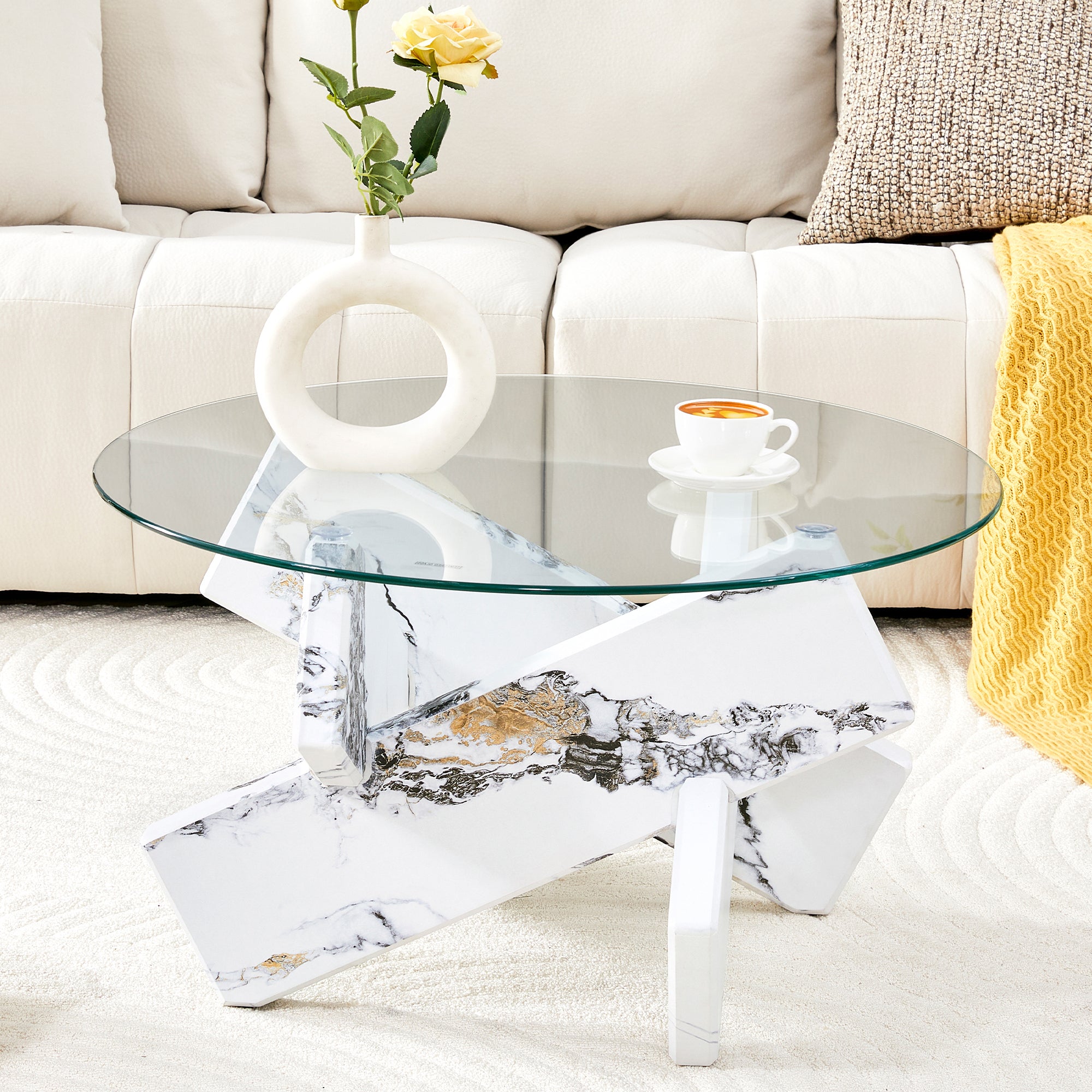Round Coffee Table Glass Top 79cm Marble Look Legs - Multi-color