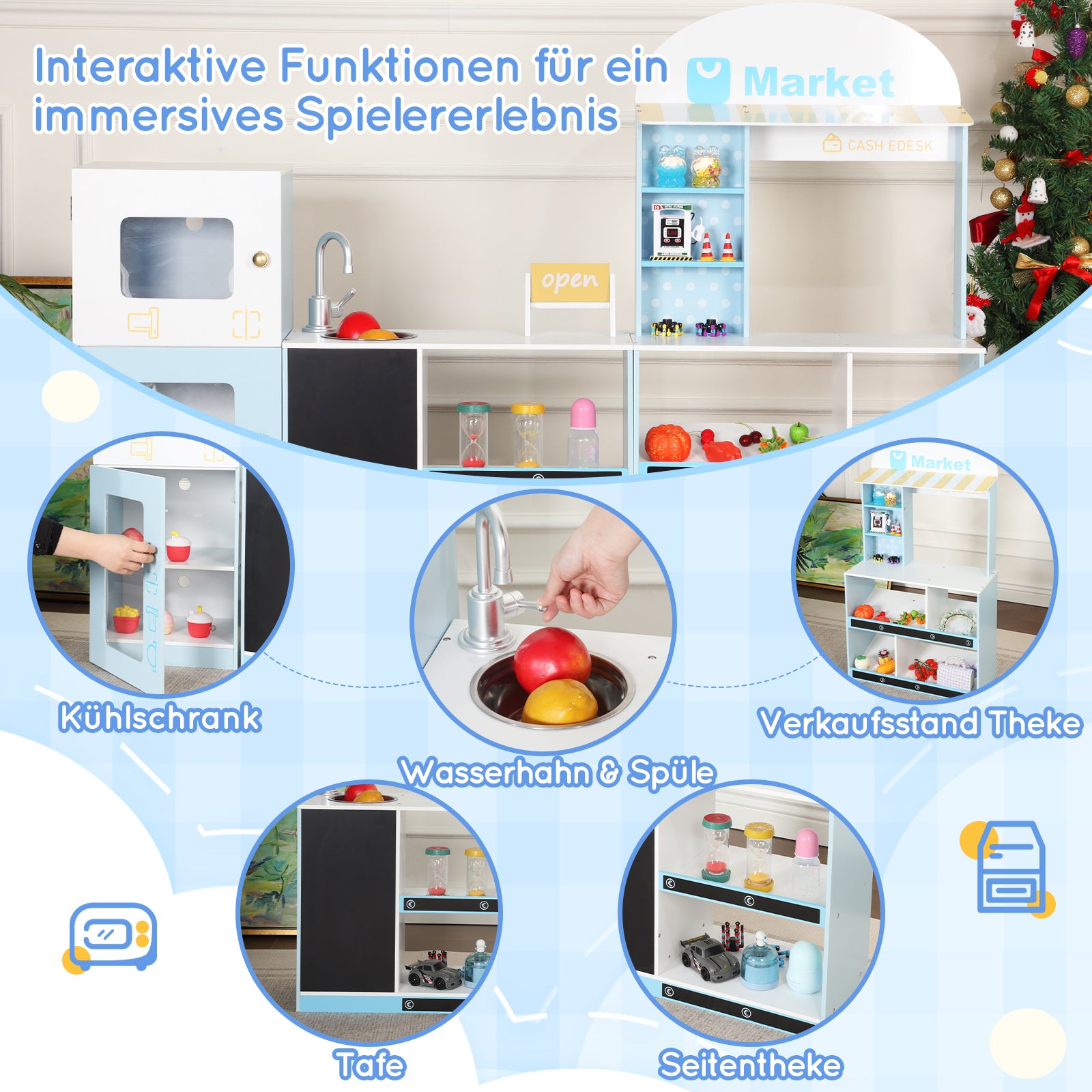 Children's Toy Shop with Shelves, Refrigerator and Chalkboard, Wood and Plastic, Blue