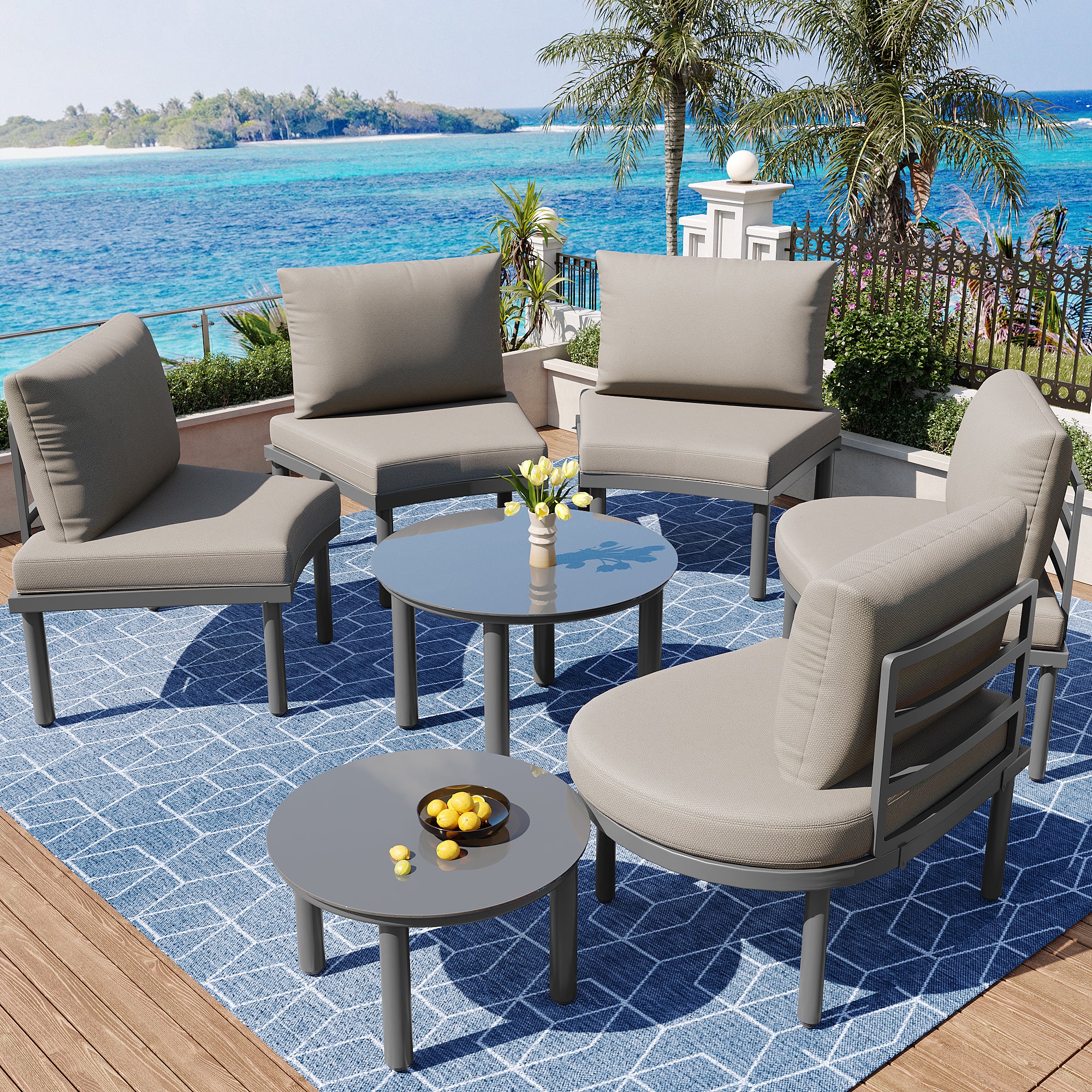 Garden furniture set 5-seater 2 coffee tables with grey cushions and pillows galvanized iron