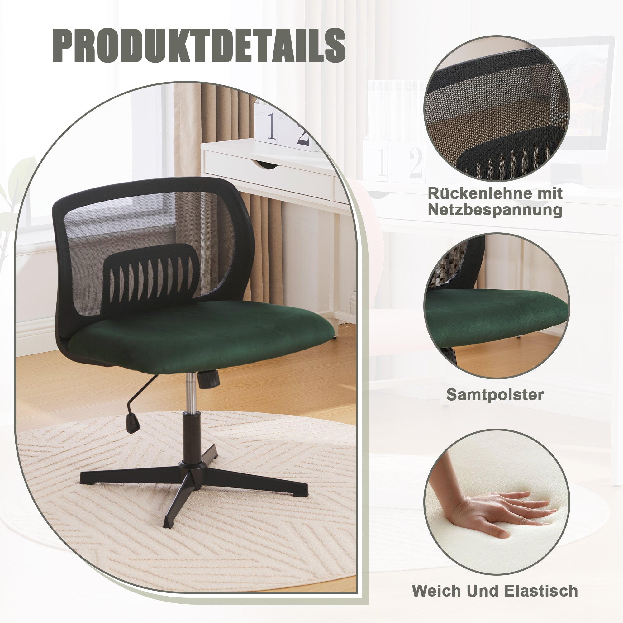Armless Office Chair, Rocking Function Height Adjustable 360° Rotatable, Wide Upholstery