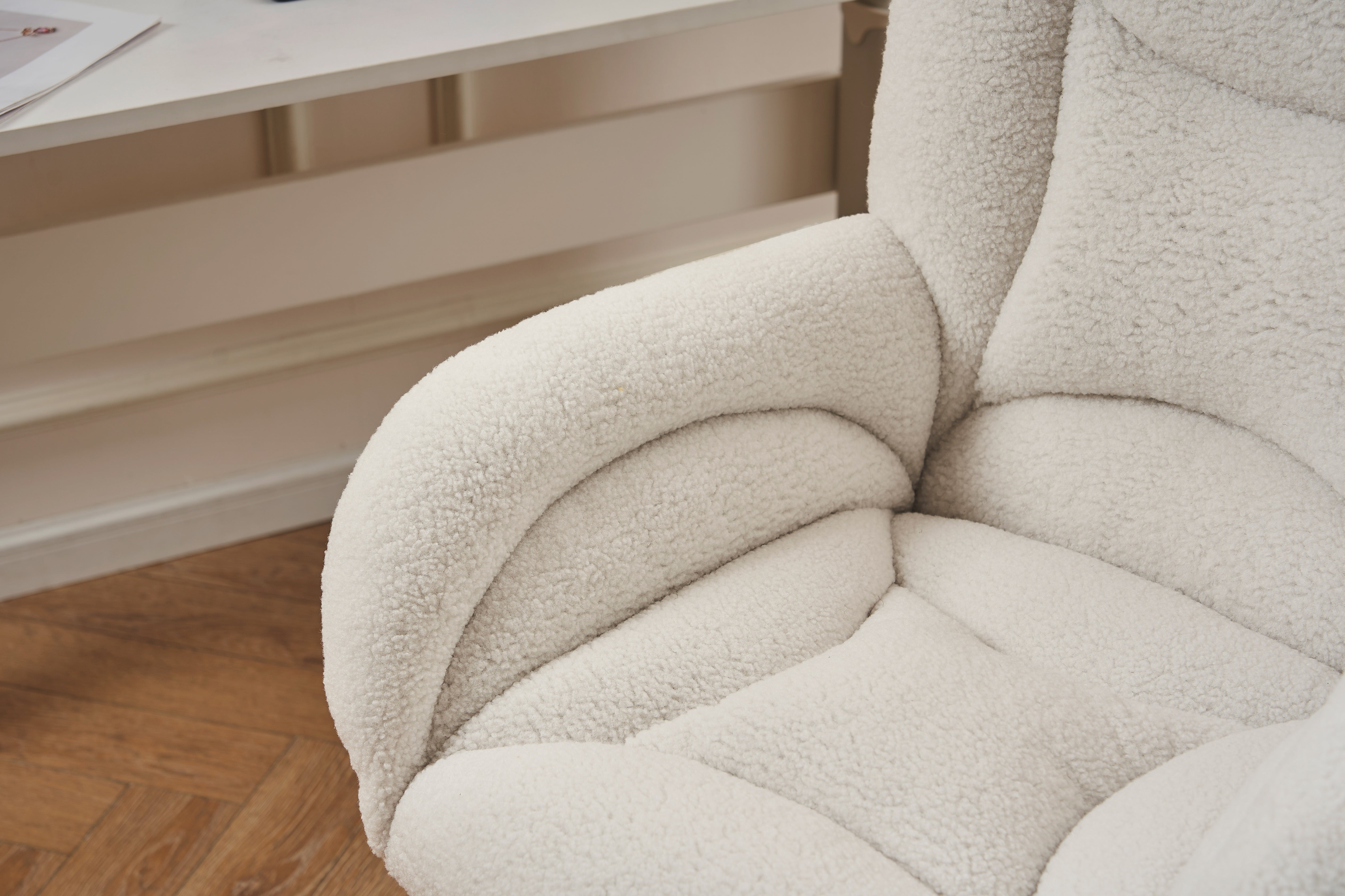 Swivel Chair Height-Adjustable Gold Legs - White Teddy Fabric