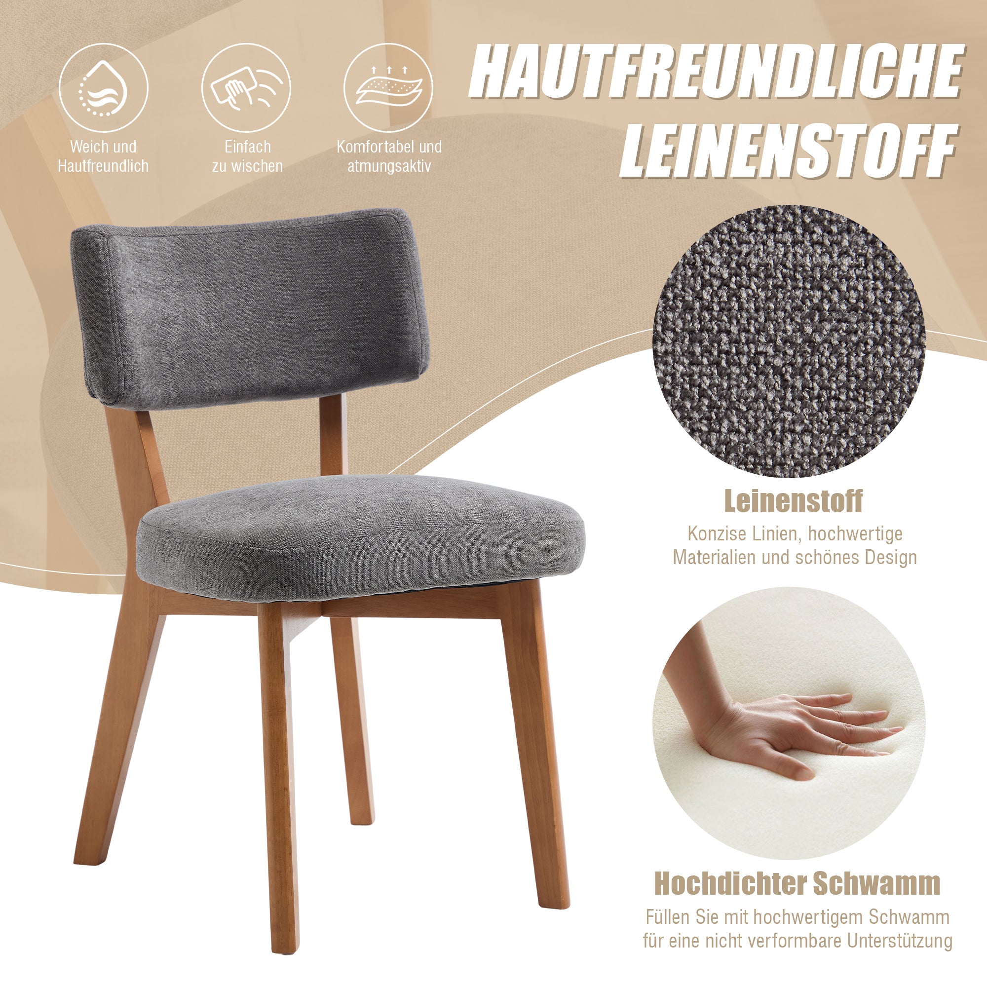 Dining Chair Set of 2, Mid-Century Style Solid Wood Legs Fabric Upholstered