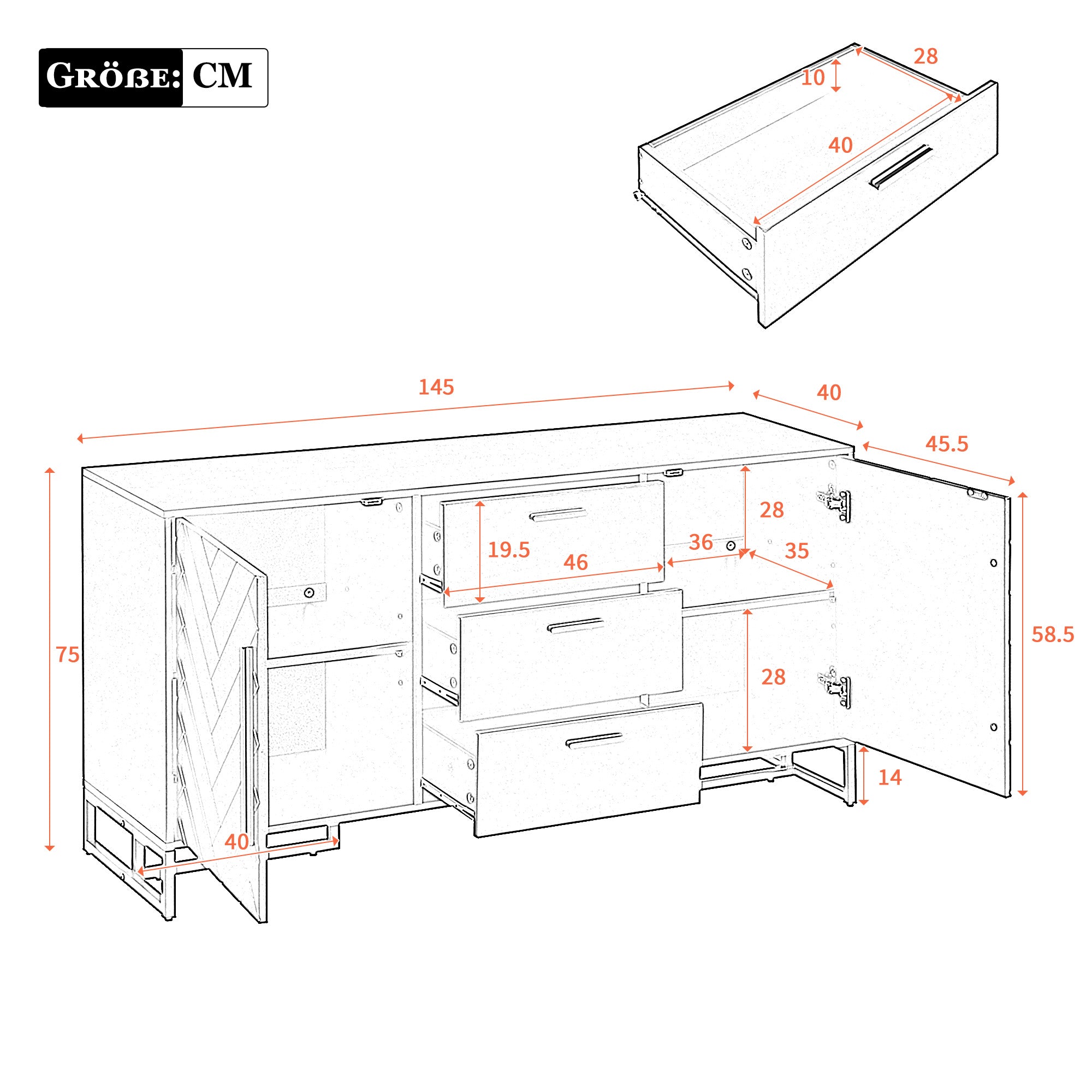 Sideboard Herringbone Pattern 2 Doors 3 Drawers - White