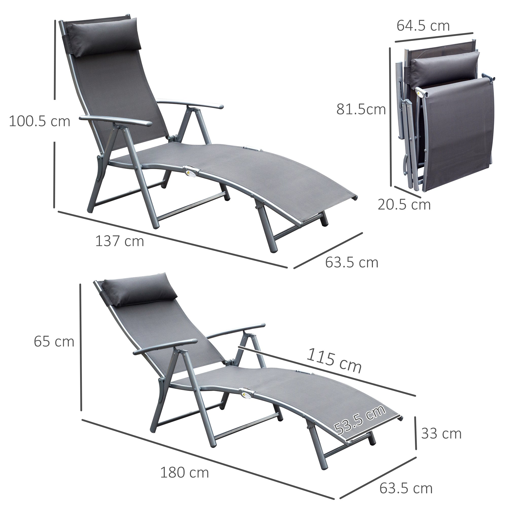 Folding Sun Lounger Deck Chair with Cushion, 7-Position Adjustable - Grey