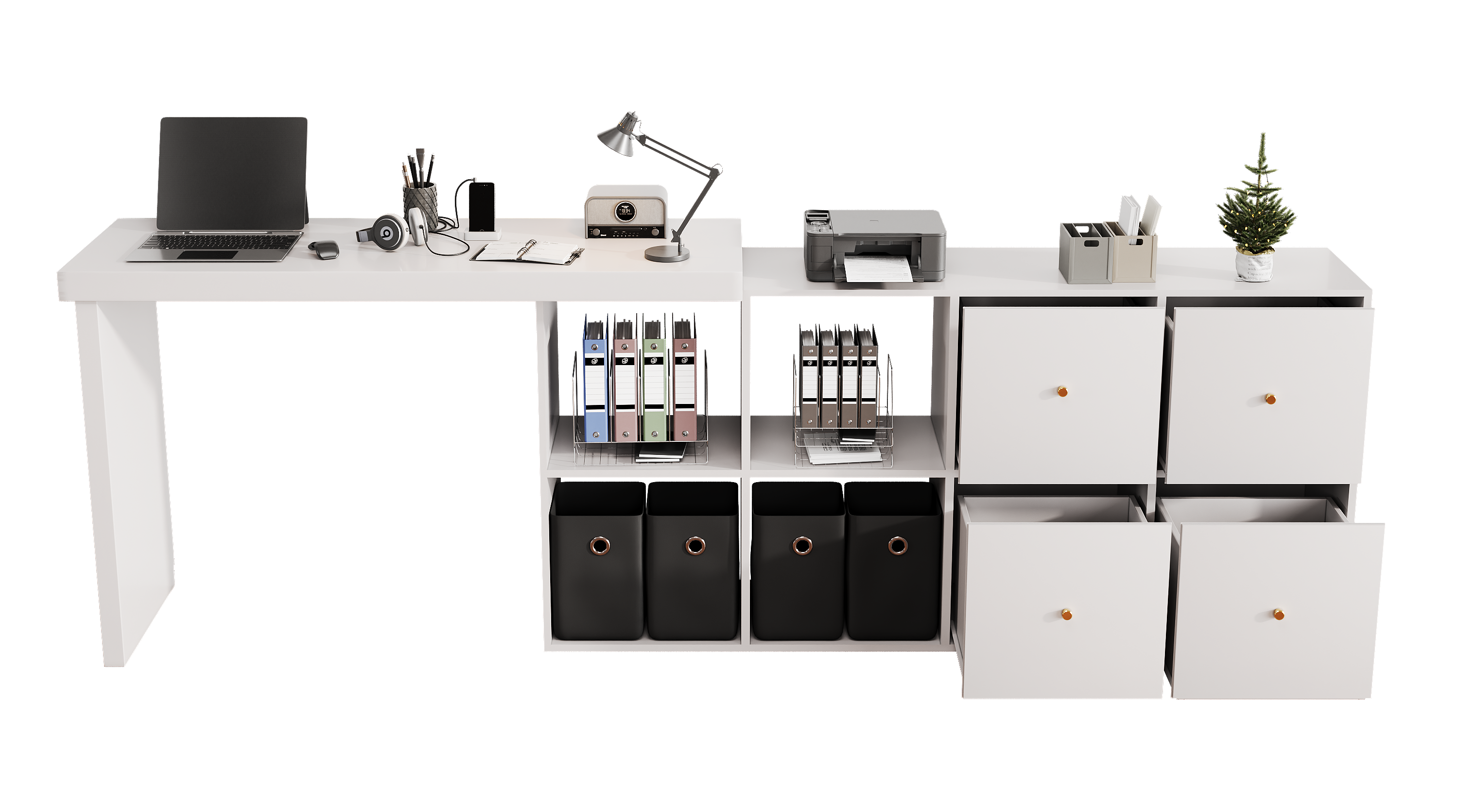 Corner Table 360° Swivel L-Shape/Straight, 4 Compartments 4 Drawers, White MDF