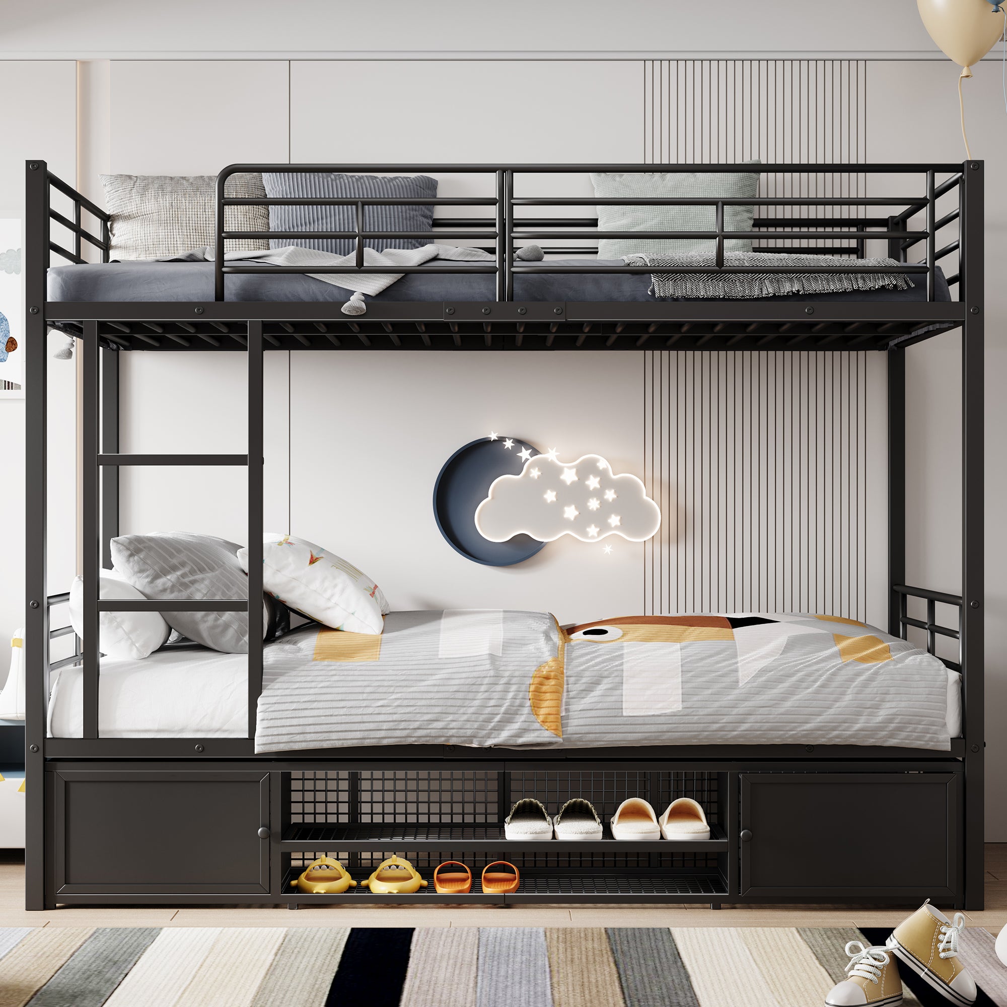 Iron Frame Bunk Bed with Storage, Ladder, and Safety Rail, 90x200cm, Black Iron