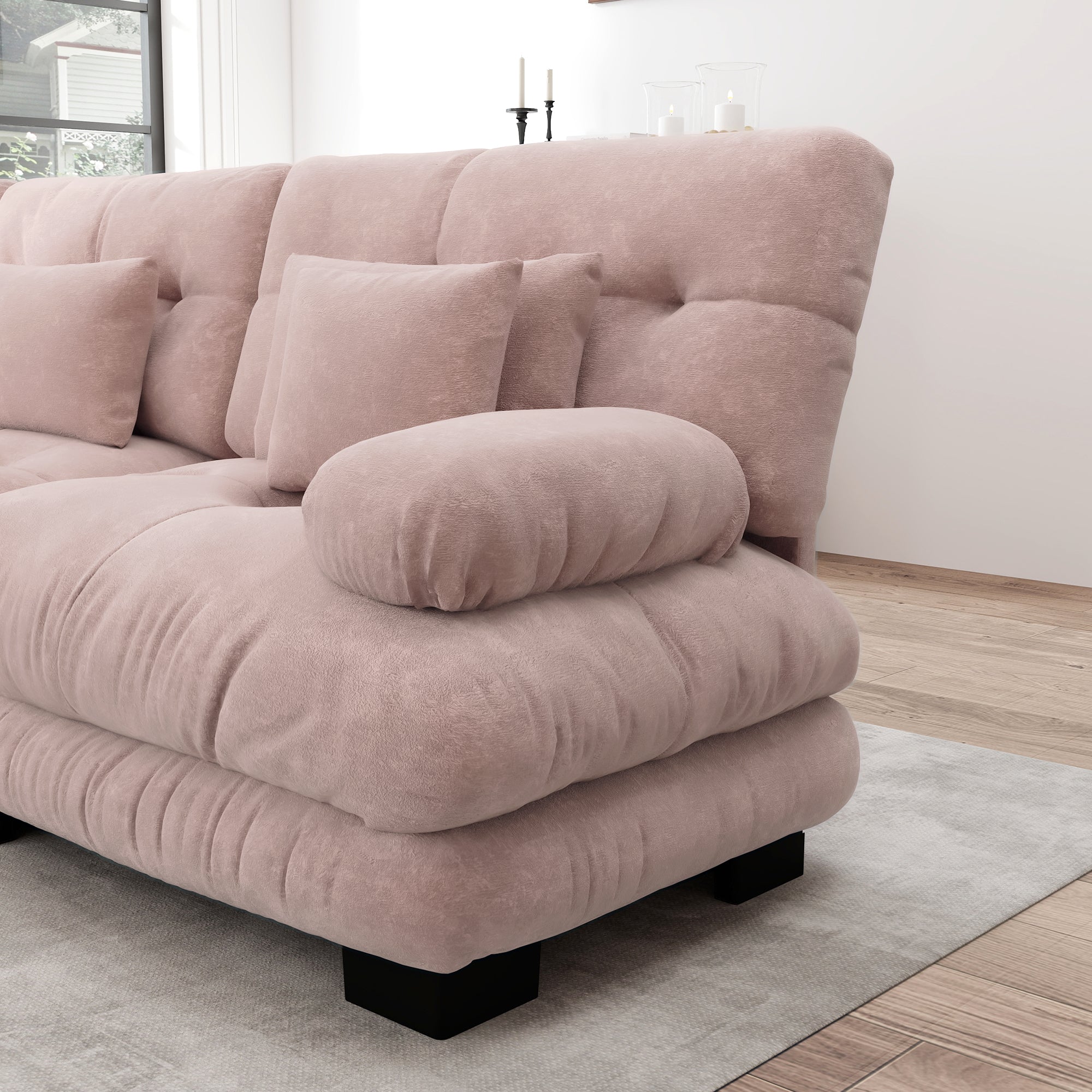 Cloud Corner Sofa, Double with Lumbar & Decorative Cushions, Chenille Pink