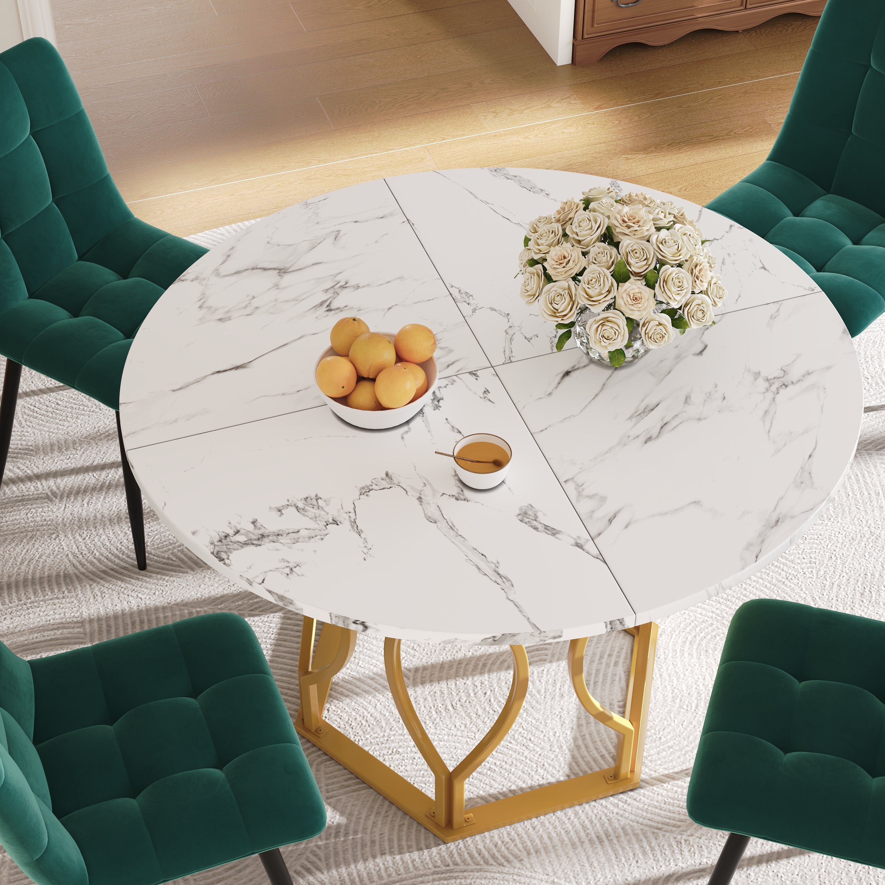 Round Dining Table (100x100x76cm), 4-Seater, Metal Legs, MDF Marbled Tabletop, Golden Legs