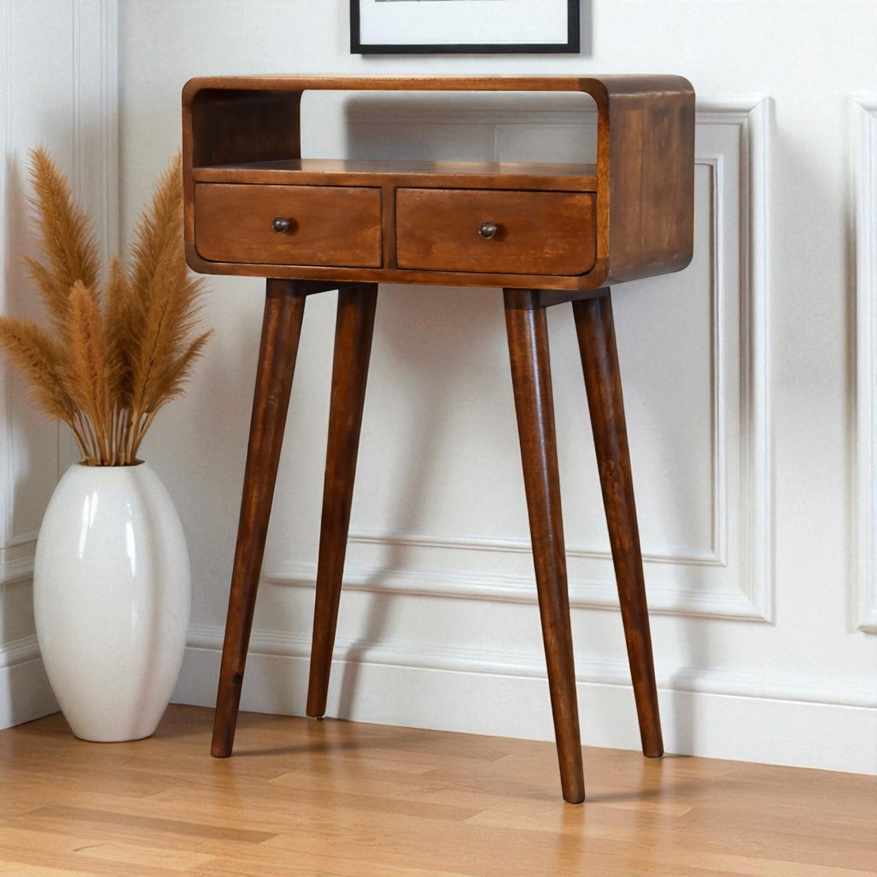 Solid Wood Mini Console Table, 2 Drawers and Open Slot, Dark Brown