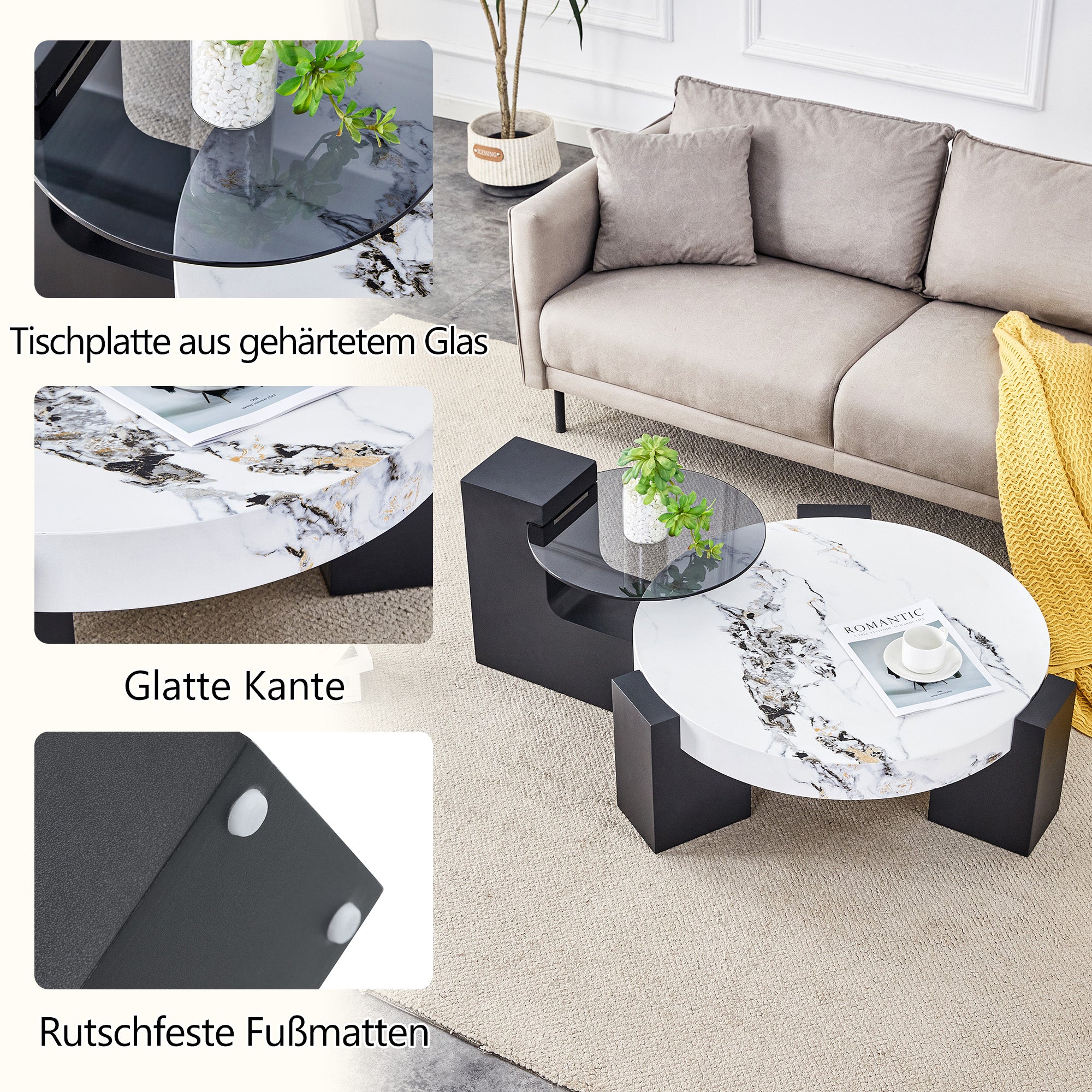 Round Side Table Two Levels Grey Glass Marble Effect Top - Black MDF