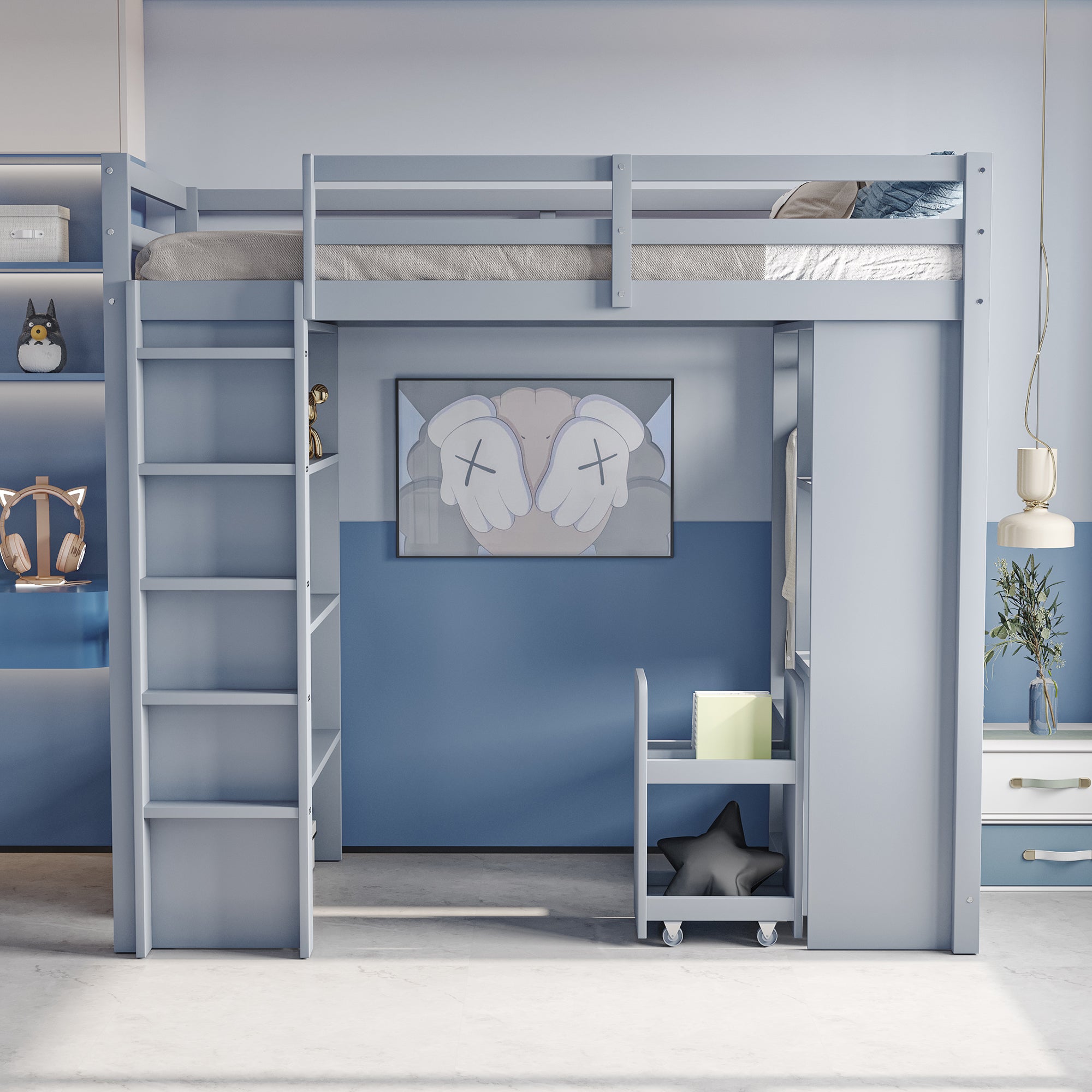 Children's Loft Bed with Shelves, Organizer, Storage, Grey