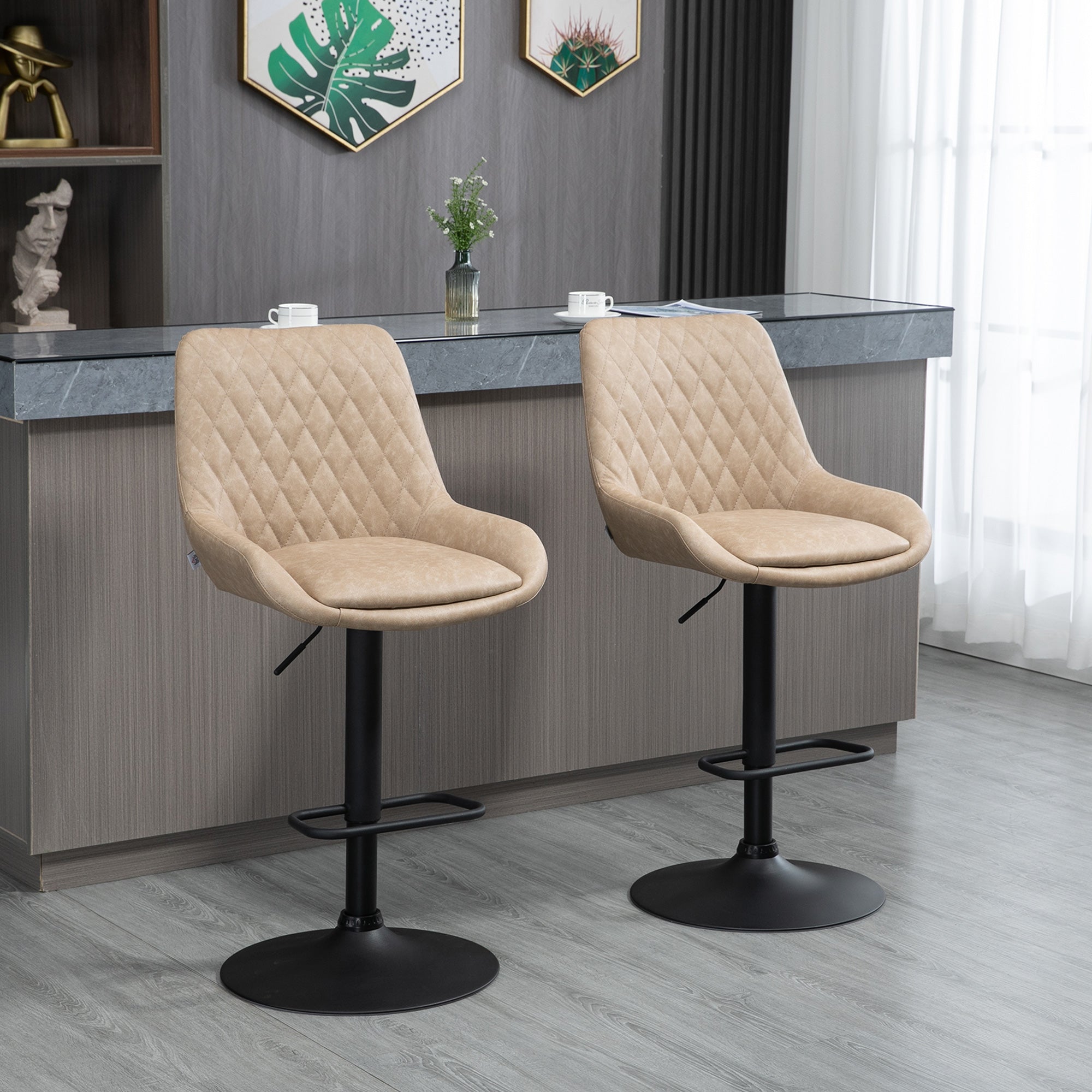 Retro Bar Stools Set of 2, Adjustable Upholstered Swivel Seat, Light Khaki