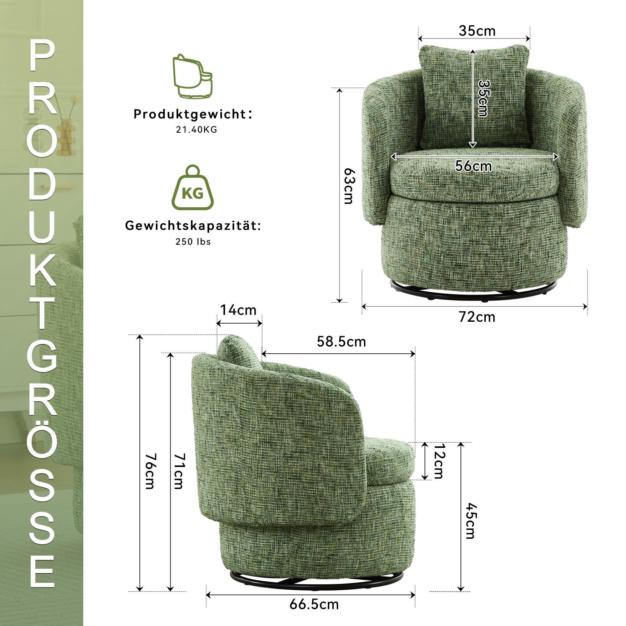 028 Swivel Armchair, 360° Rotating, Hidden Storage, Plump Back Cushion, Green