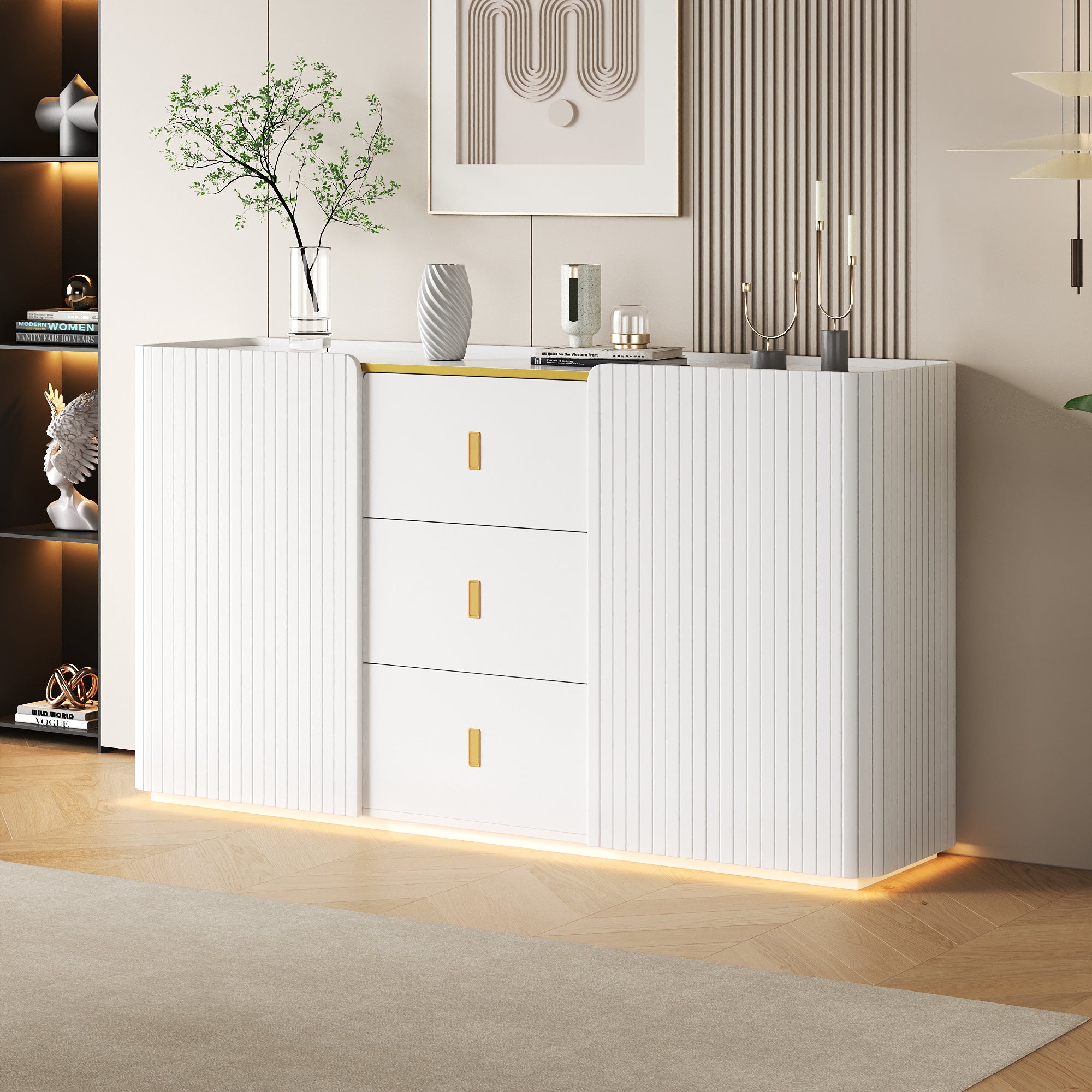LED Sideboard, 150cm Multifunctional with 2 Doors & 2 Drawers