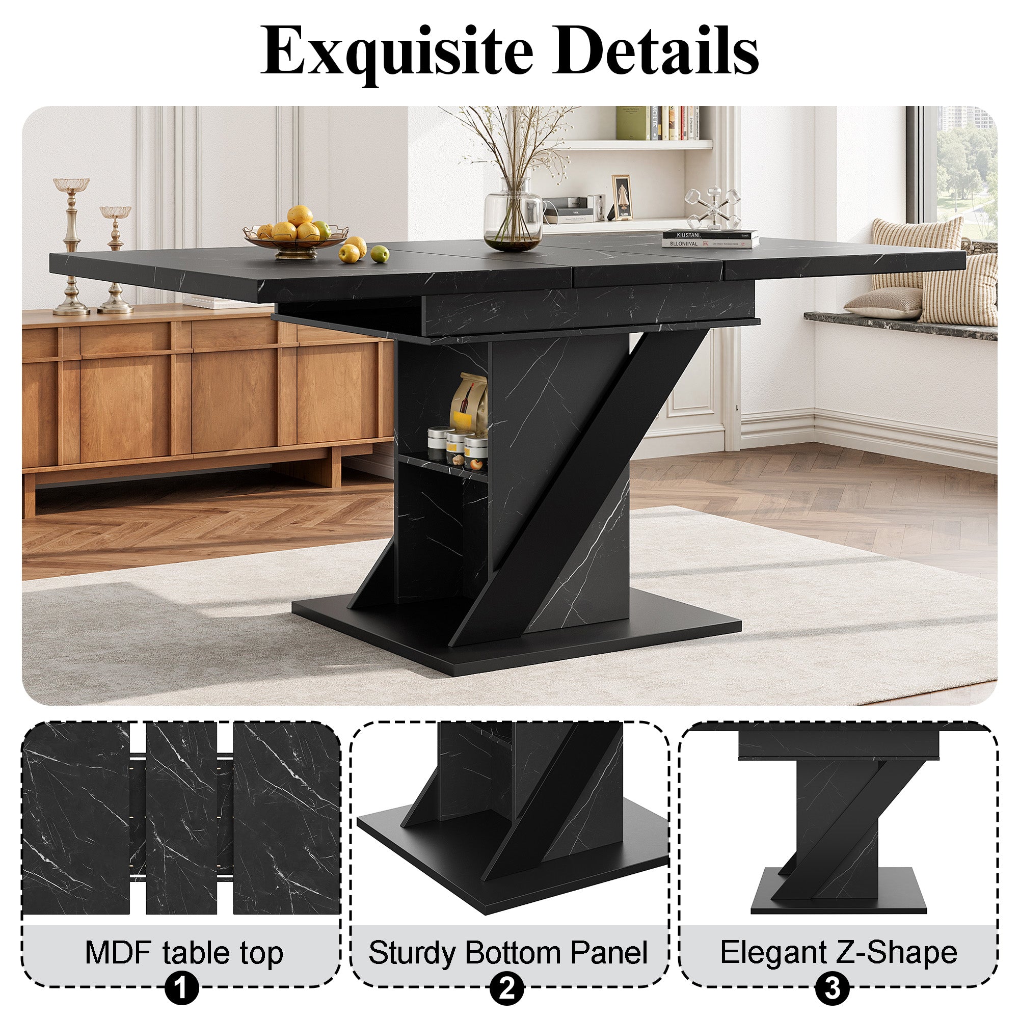 Telescopic Dining Table 110-140x80cm Extendable - Black Marble Look