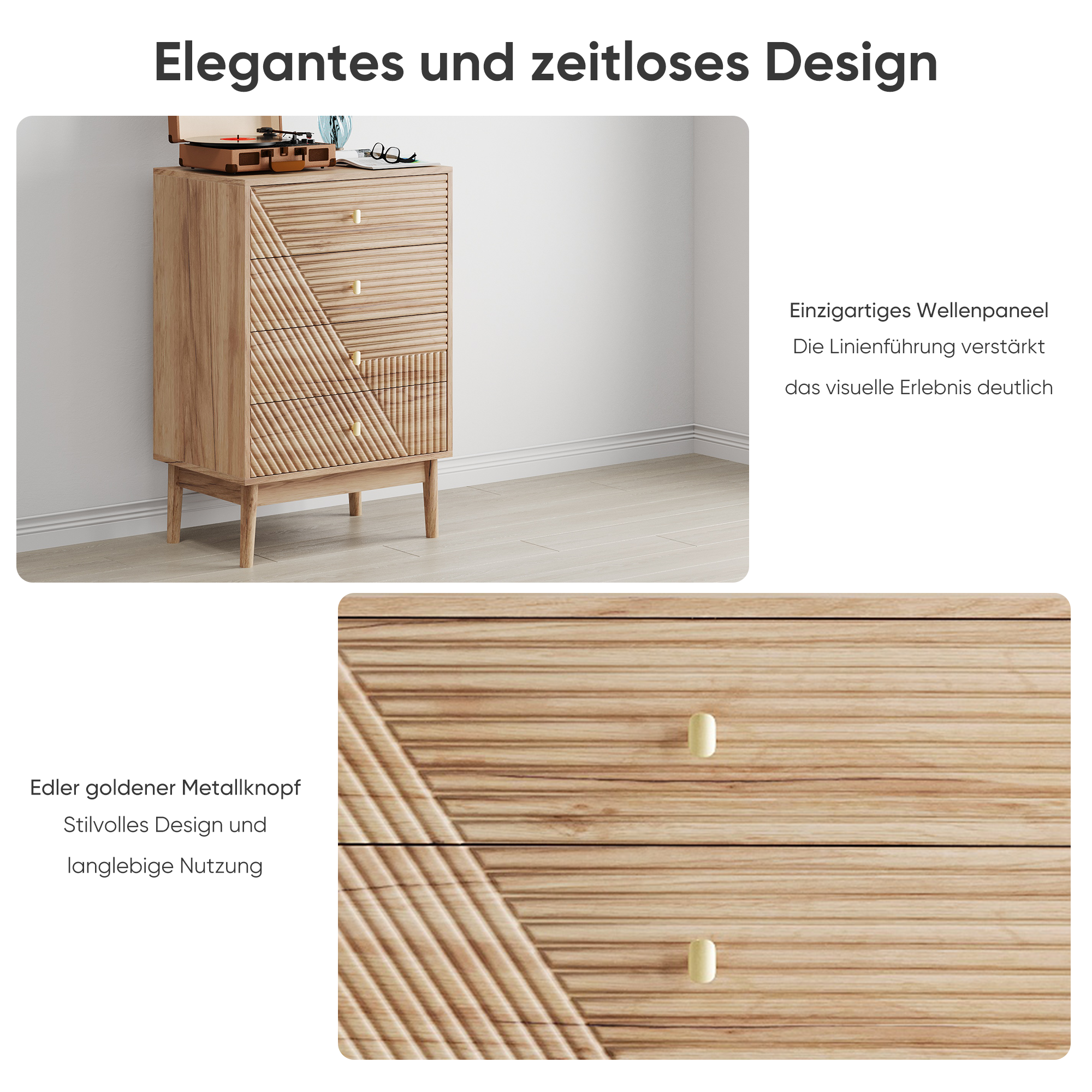 Chest of Drawers with 4 Storage Drawers and Wooden Wardrobe Cabinet, Oak Color