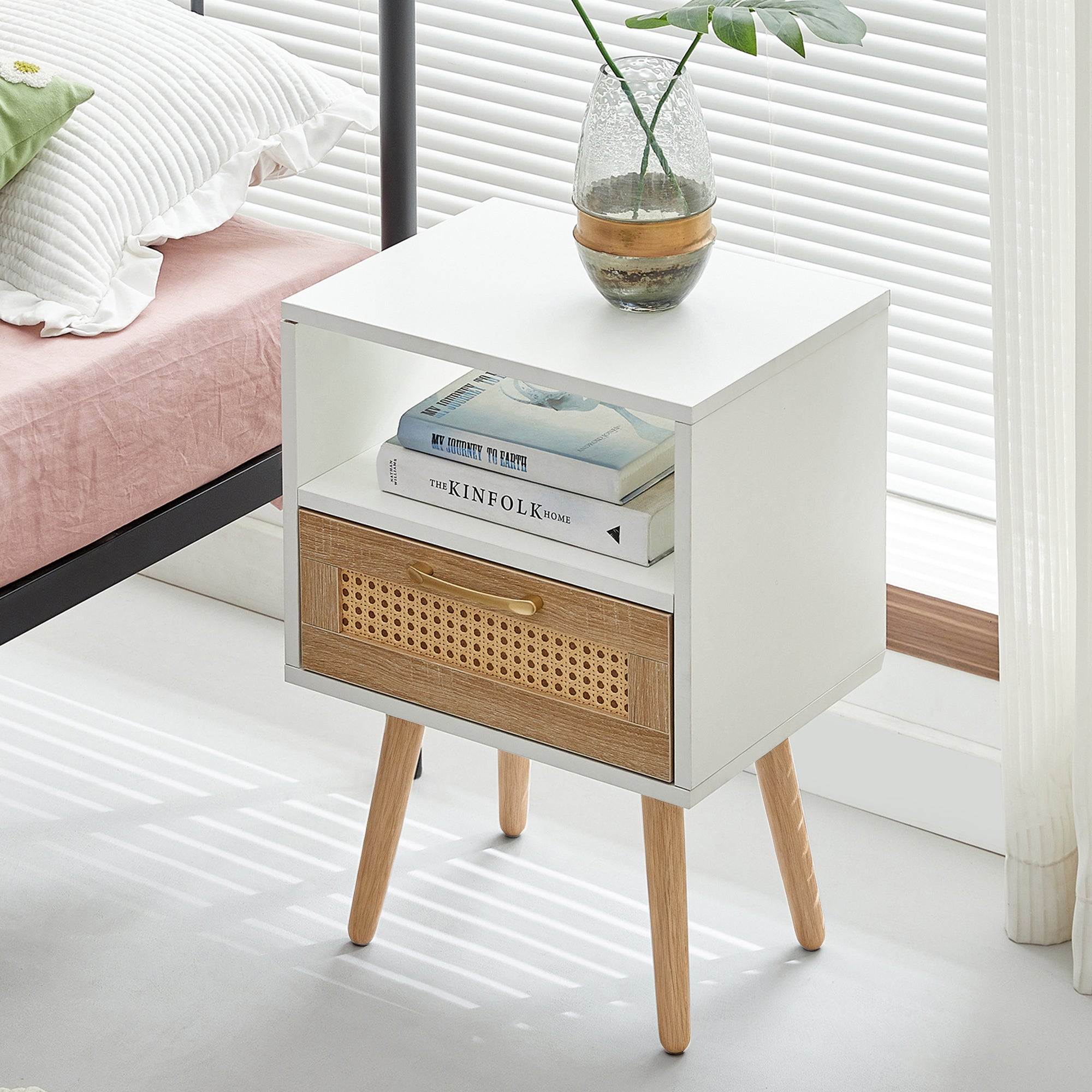 Rattan Side Table with Drawer and Solid Wood Legs, White