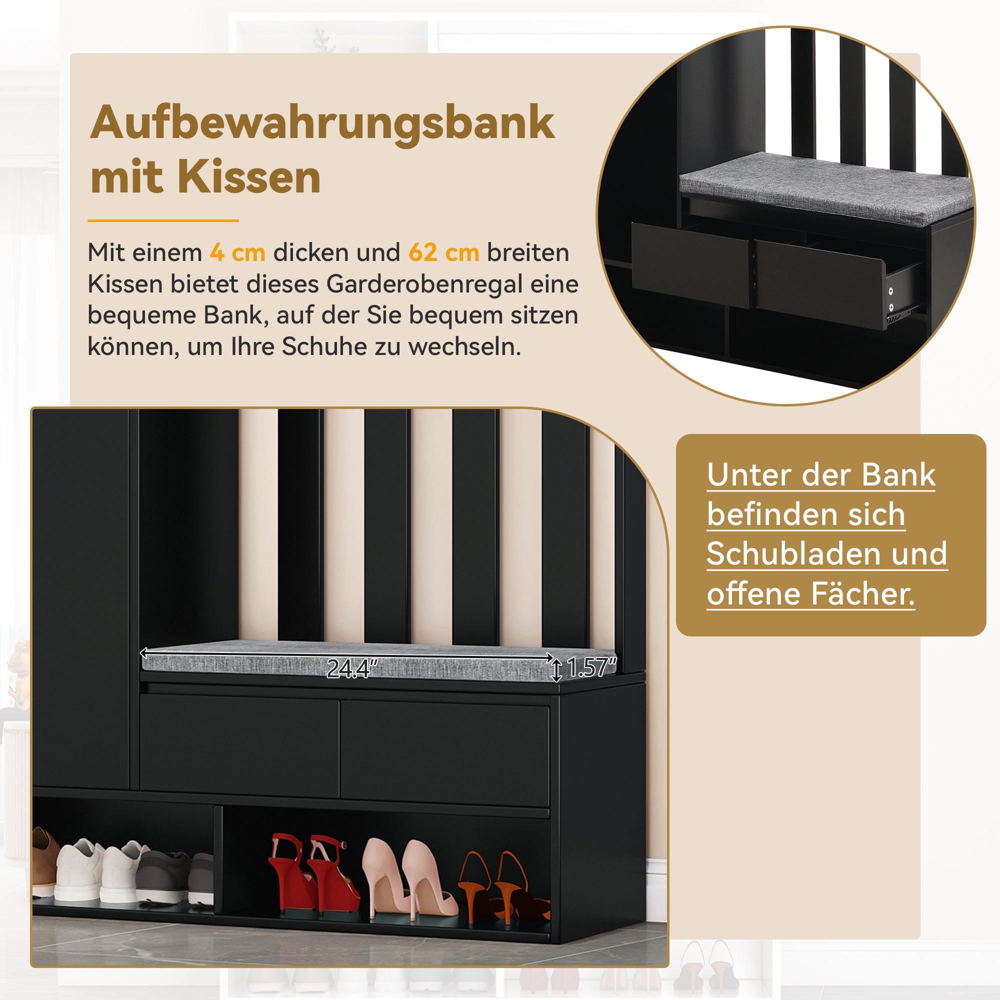 Hallway coat rack with padded storage bench and pegboard, 4 hooks, black