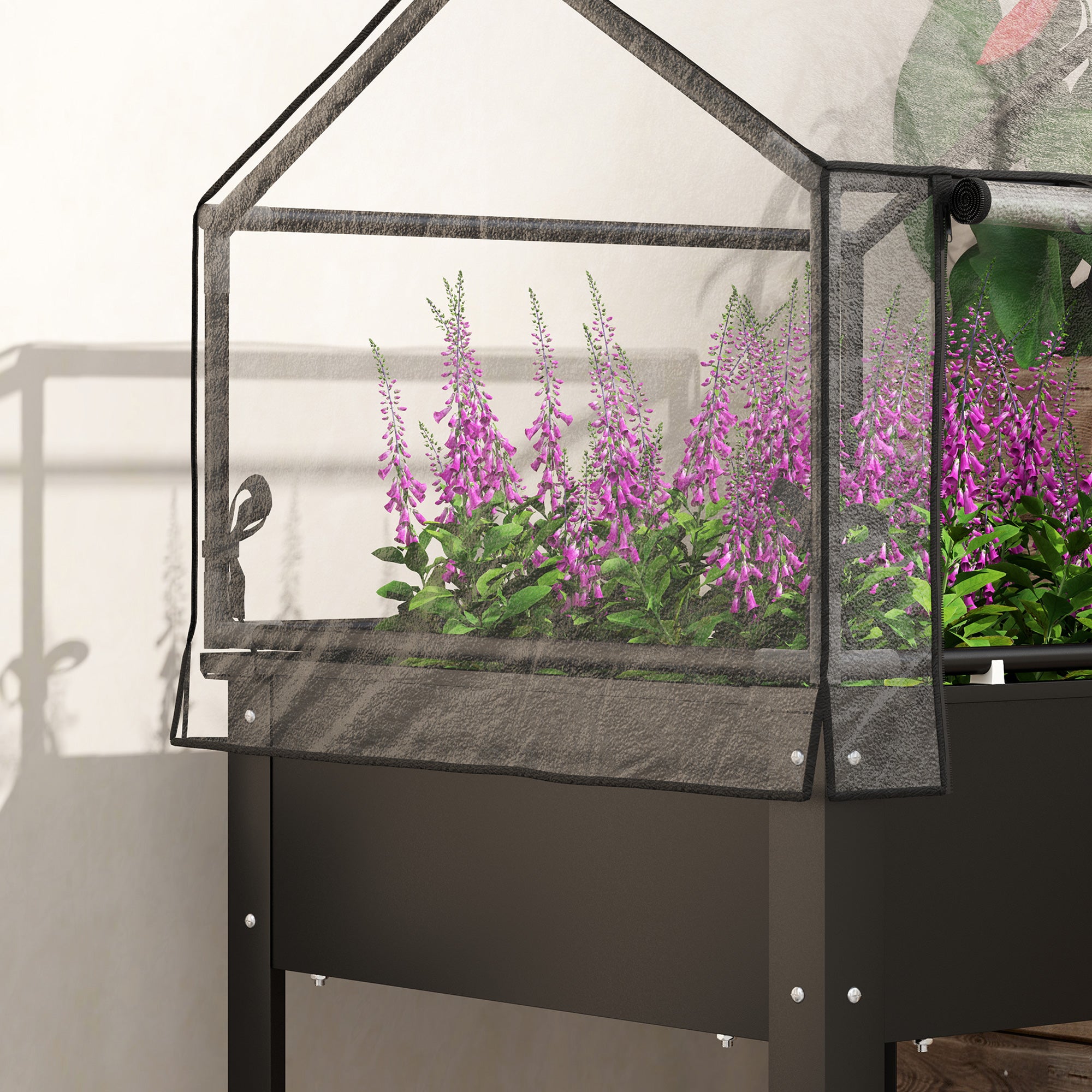 Raised Garden Bed with Cover, Elevated Herb Planter & Drainage Holes, Metal Black