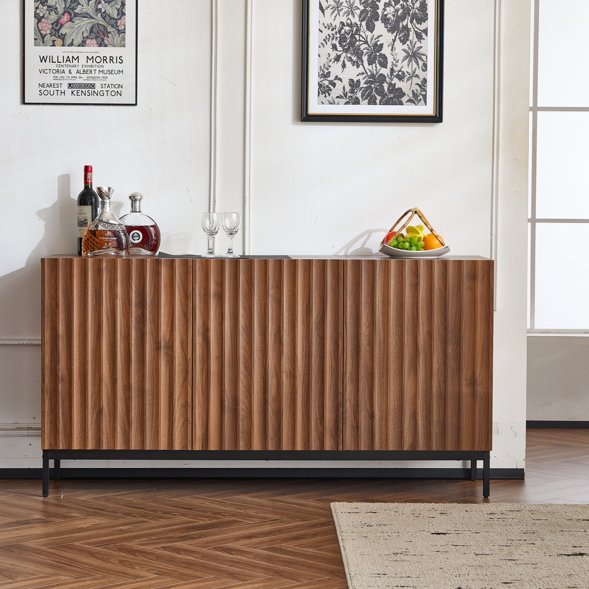 Sideboard Mid-Century Modern 3-Door 150cm with Wavy 3D Design Dark Grained Oak