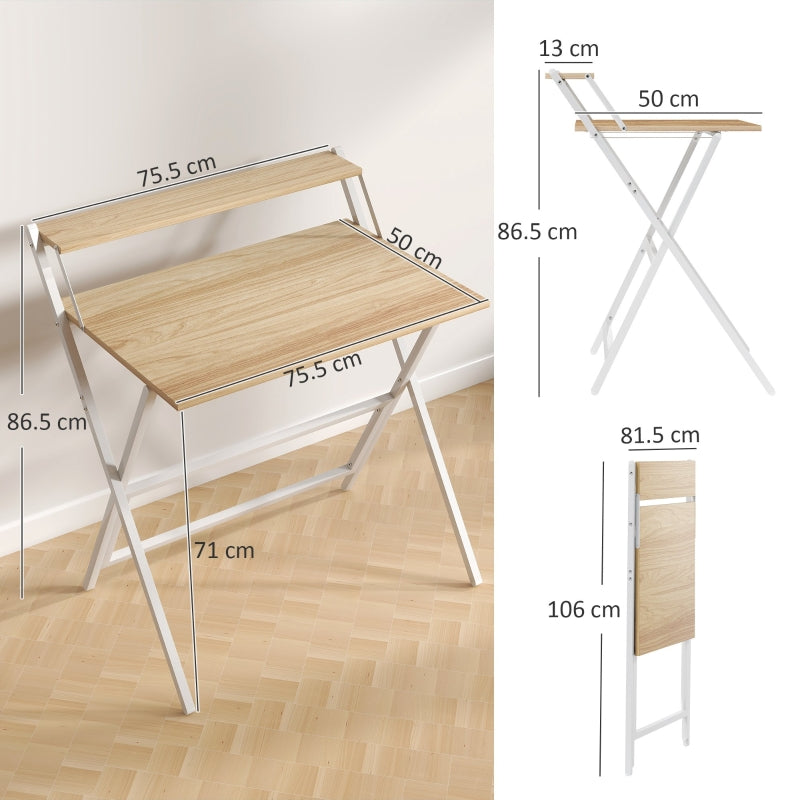 Folding Computer Desk, 81.5 cm with Monitor Shelf - Natural Wood Finish