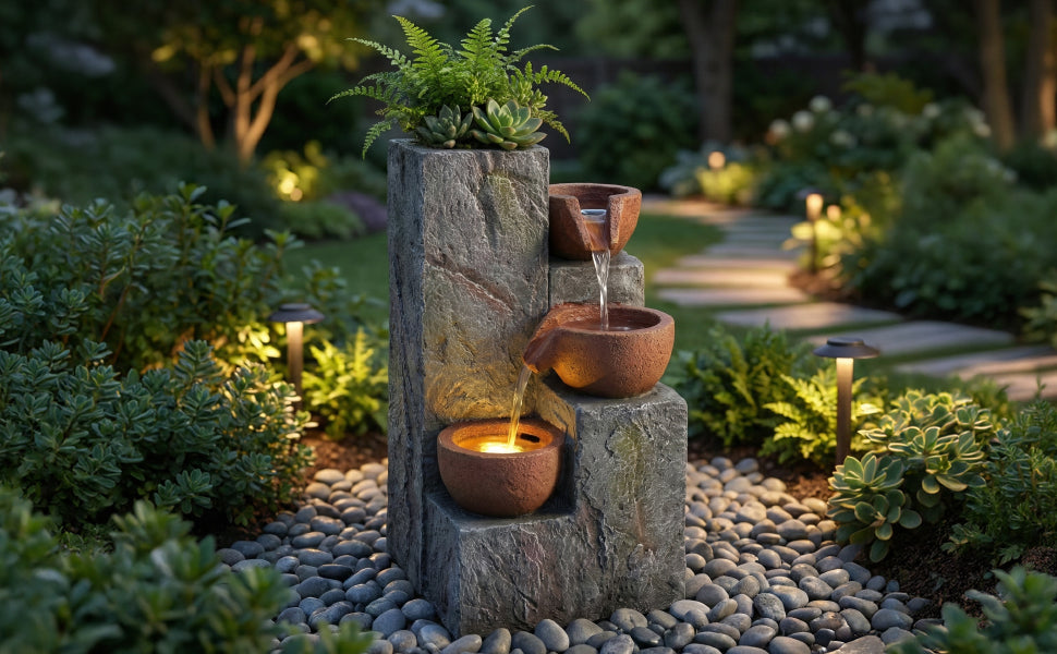 Garden Fountain with Three-Tier Waterfall and Antique Standing Basin, 230V Metal Finish