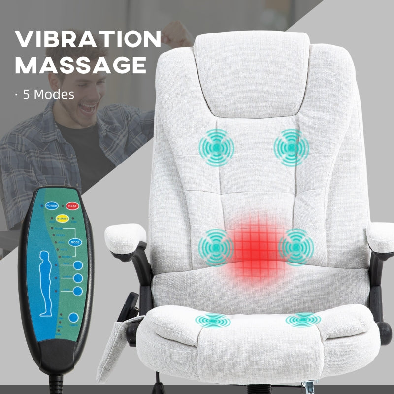 Massage Recliner Office Chair, Heated Six Massage Points 360° Swivel, Linen-Feel Fabric Cream White