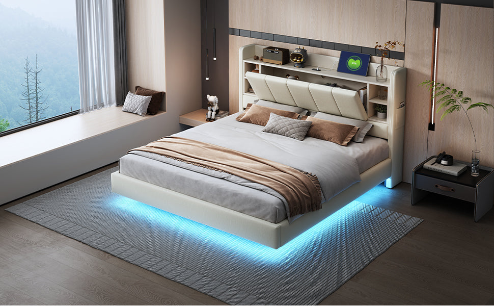 Upholstered Bed 160 x 200 cm, USB Socket, Light Strip, Reversible Headboard, Beige Linen Fabric