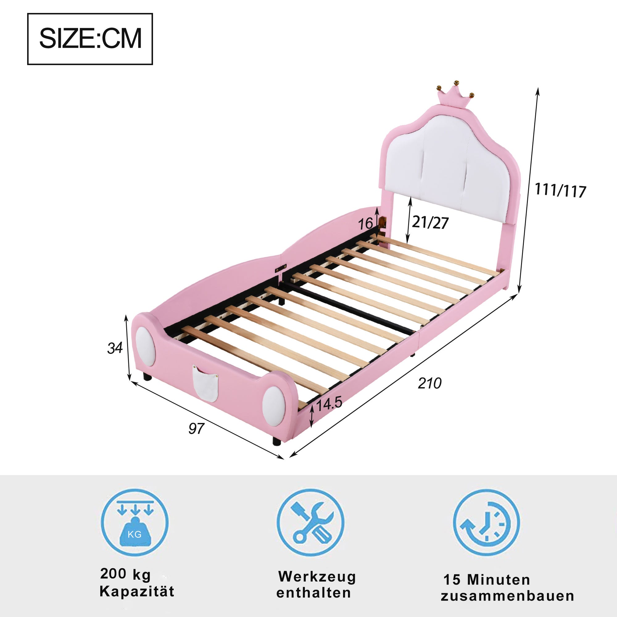 Upholstered Children's Bed 90x200cm Patchwork Design Faux Leather Pink