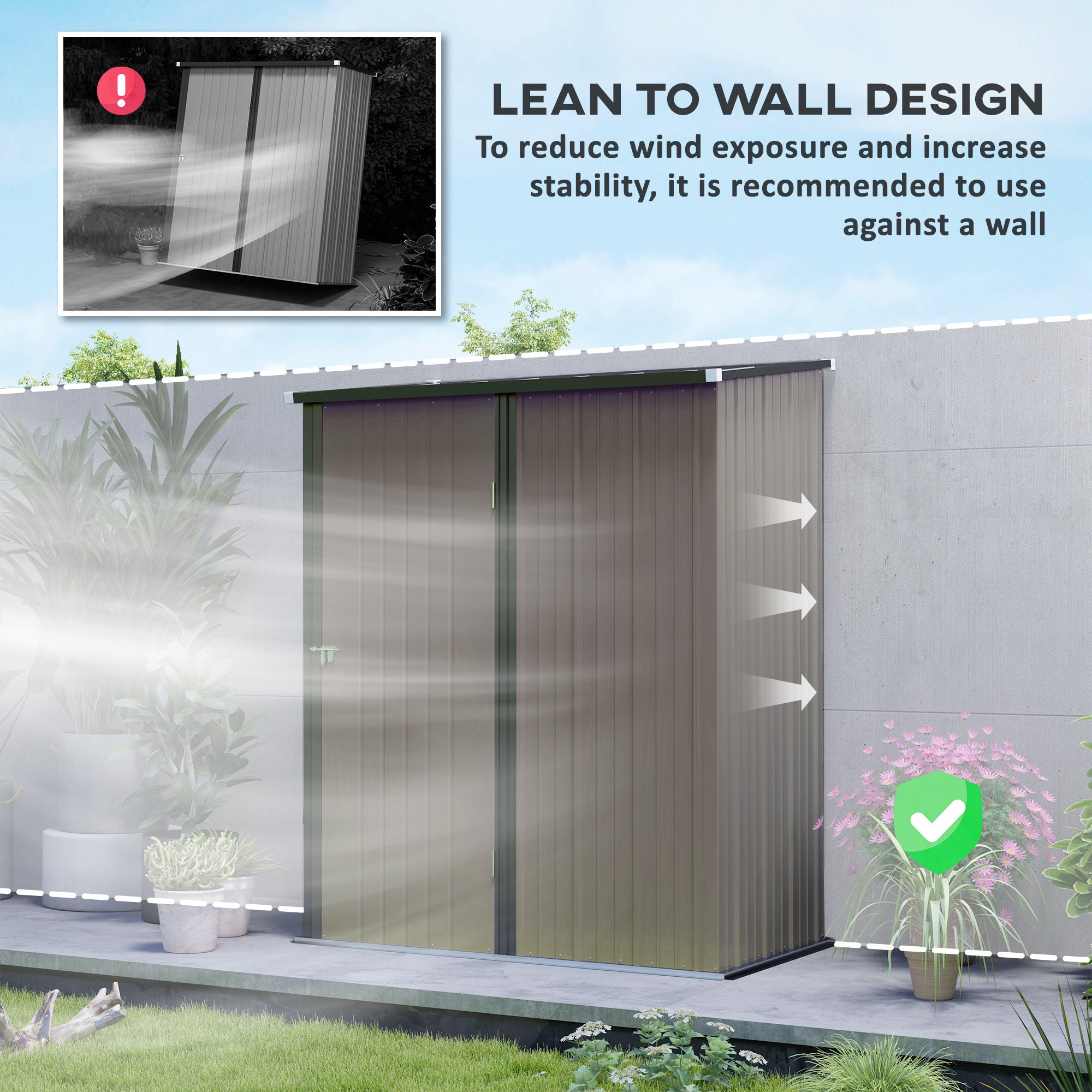 Garden Shed, 5.3 x 3.1ft Corrugated Steel Storage, Light Grey