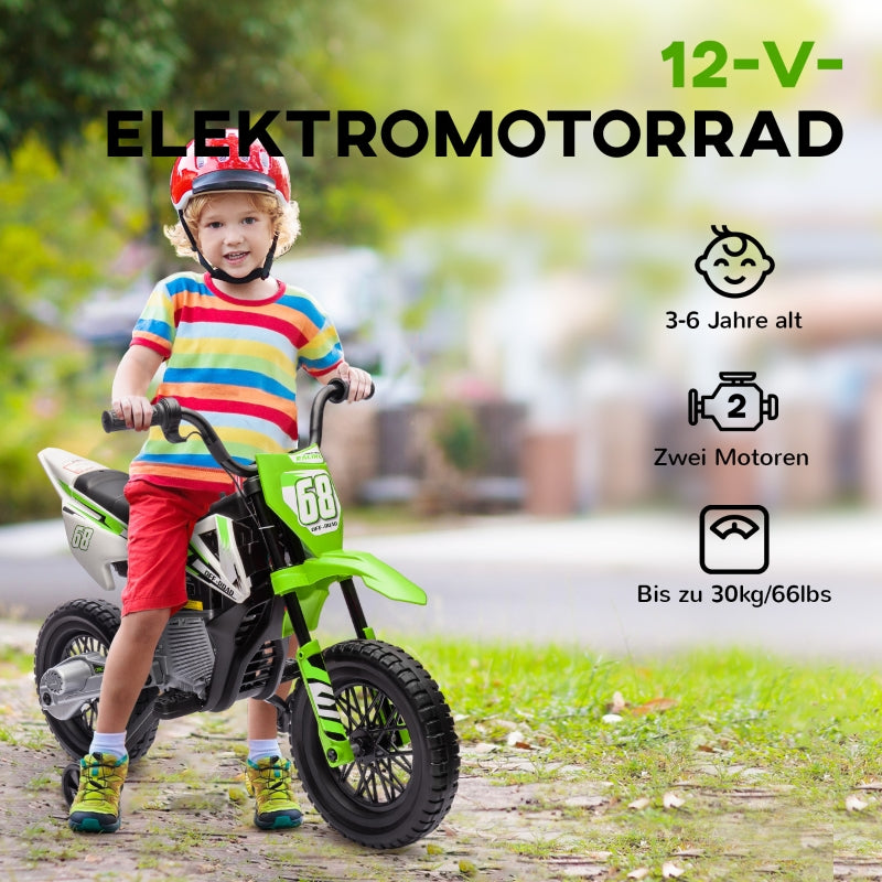 AIYAPLAY Electric Motorcycle for Kids, 12V with music and training wheels, green