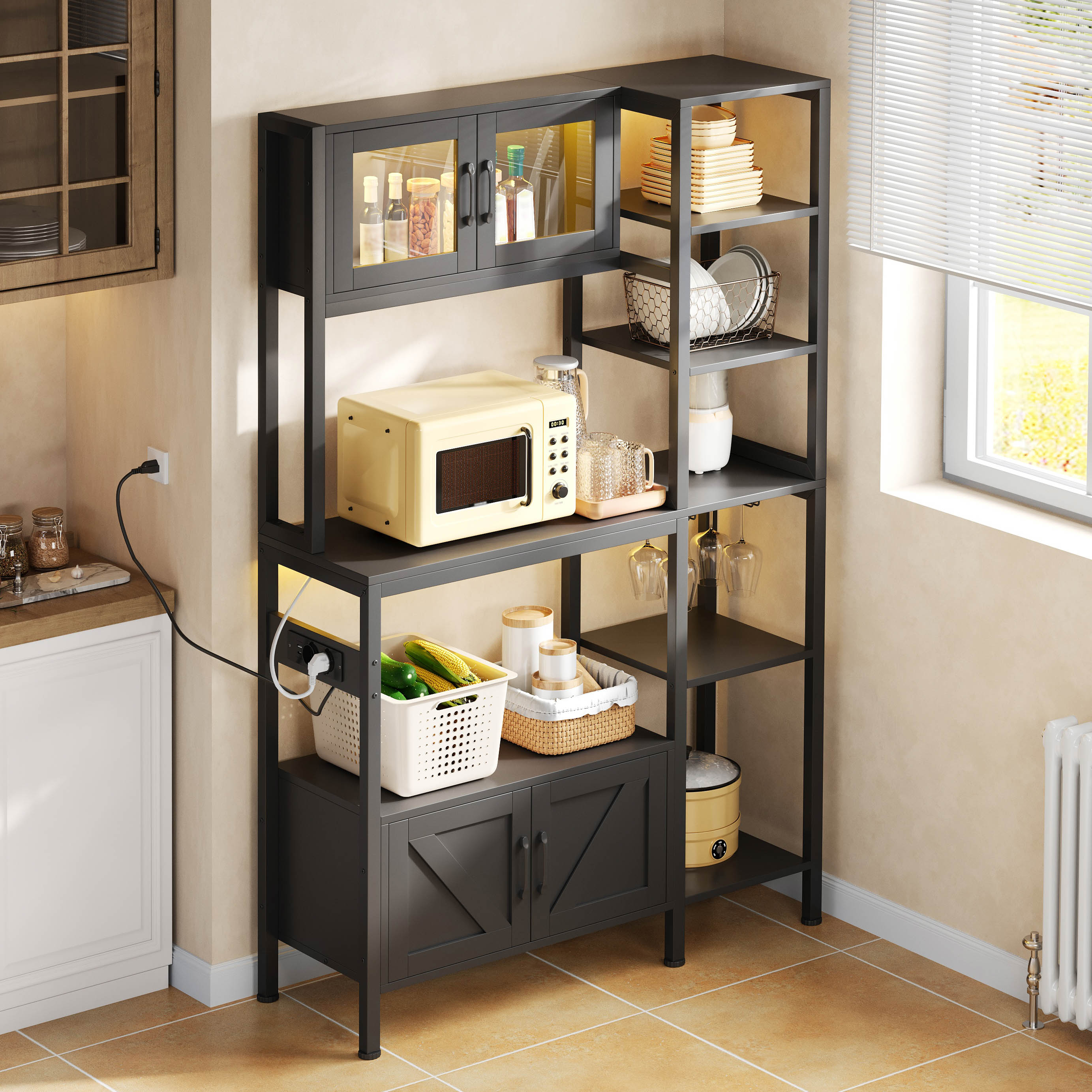 Kitchen Baker's Rack with Power Outlet and LED Lights, Microwave Shelf and Wine Glass Holder, Particle Board and Stainless Steel