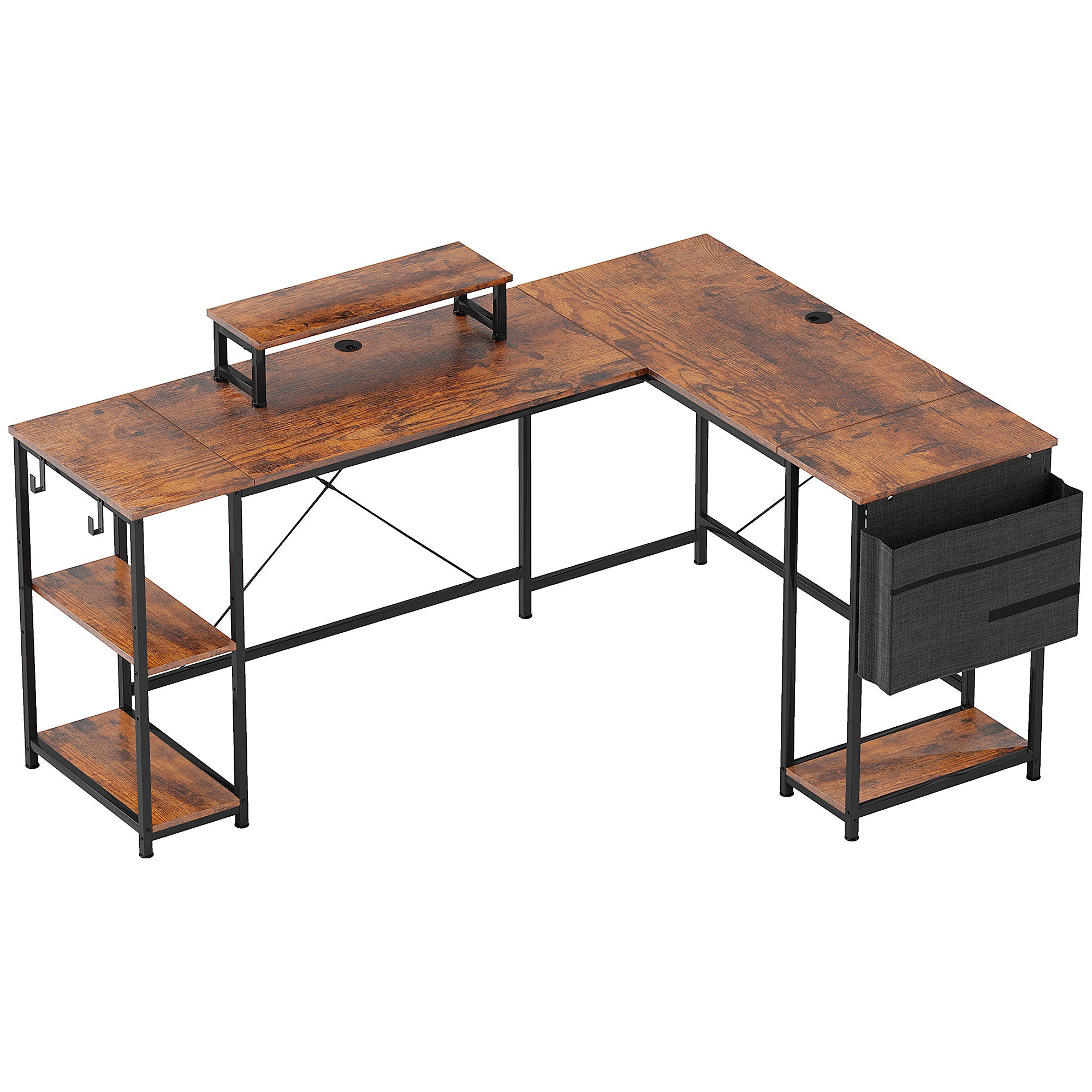 L-Shaped Desk with Corner Storage, Monitor Stand, Reversible - Rustic Brown