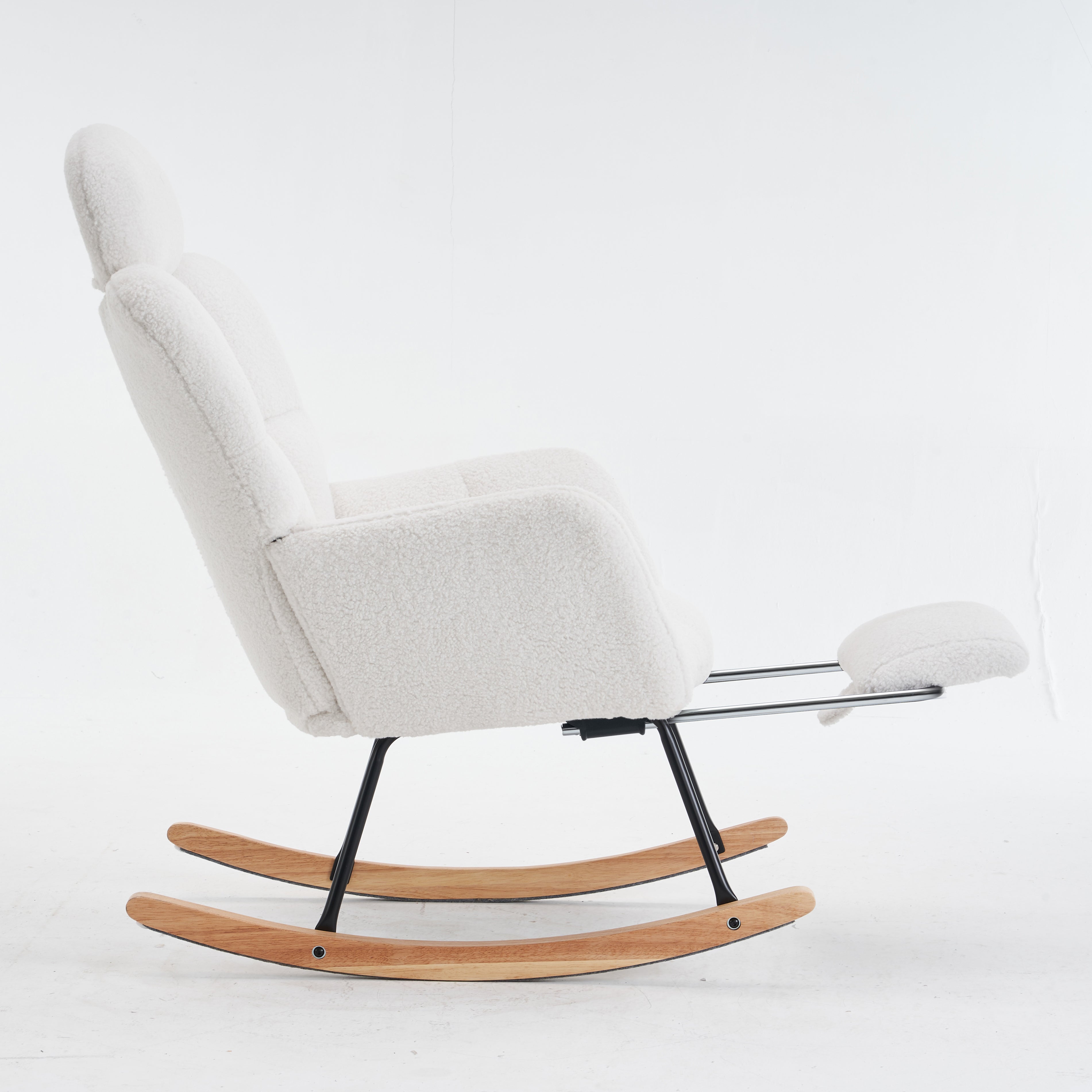 Teddy Fabric Rocking Chair, Tufted Upholstered with Headrest and Foldable Footrest, Ivory White