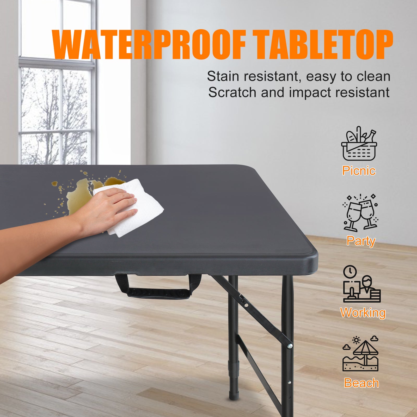 Folding Table 125cm, Portable Heavy Duty, Black