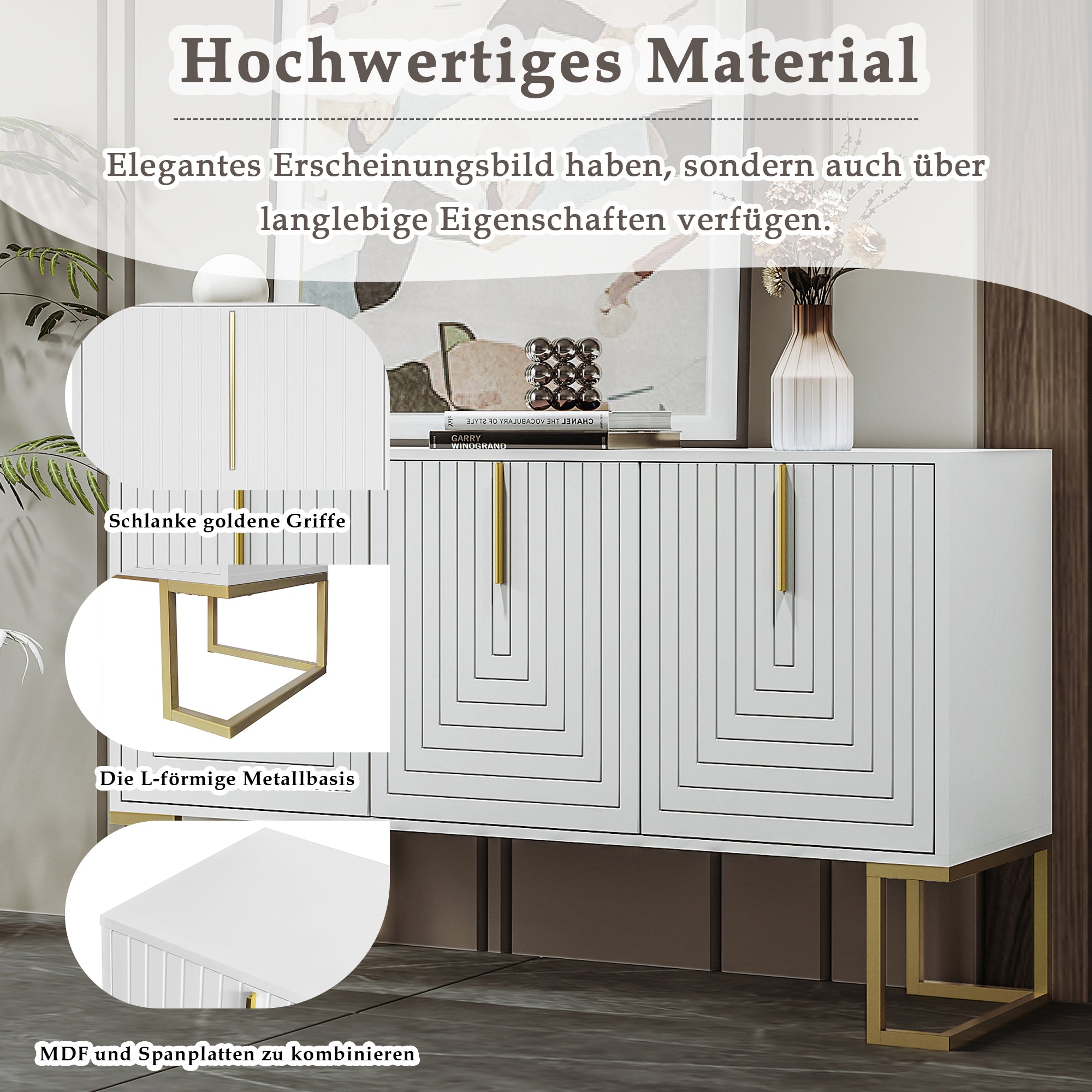 Sideboard, 3-Door with Adjustable Shelves, U-Shaped Cabinet Doors, Metal Handles, White