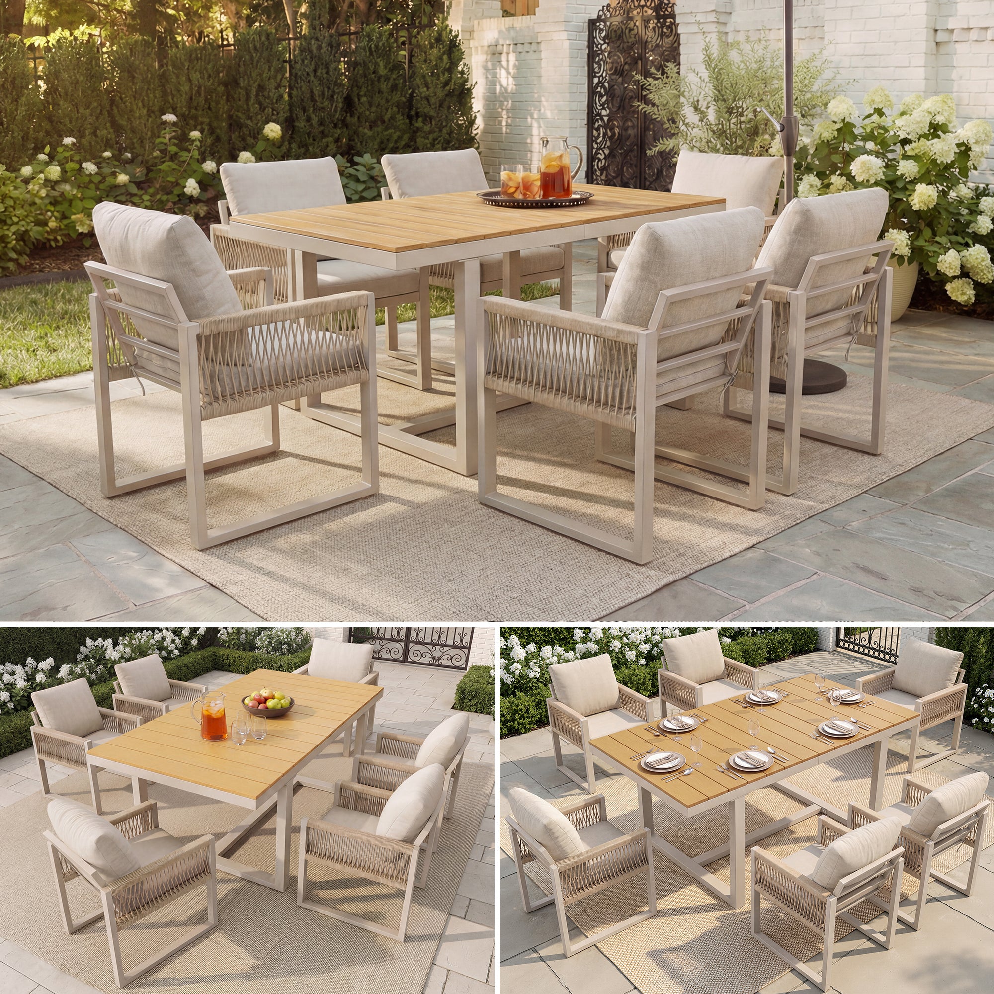 7-Piece Garden Dining Set with 1 Table and 6 Rope Weave Chairs, Weatherproof Cushions, Beige