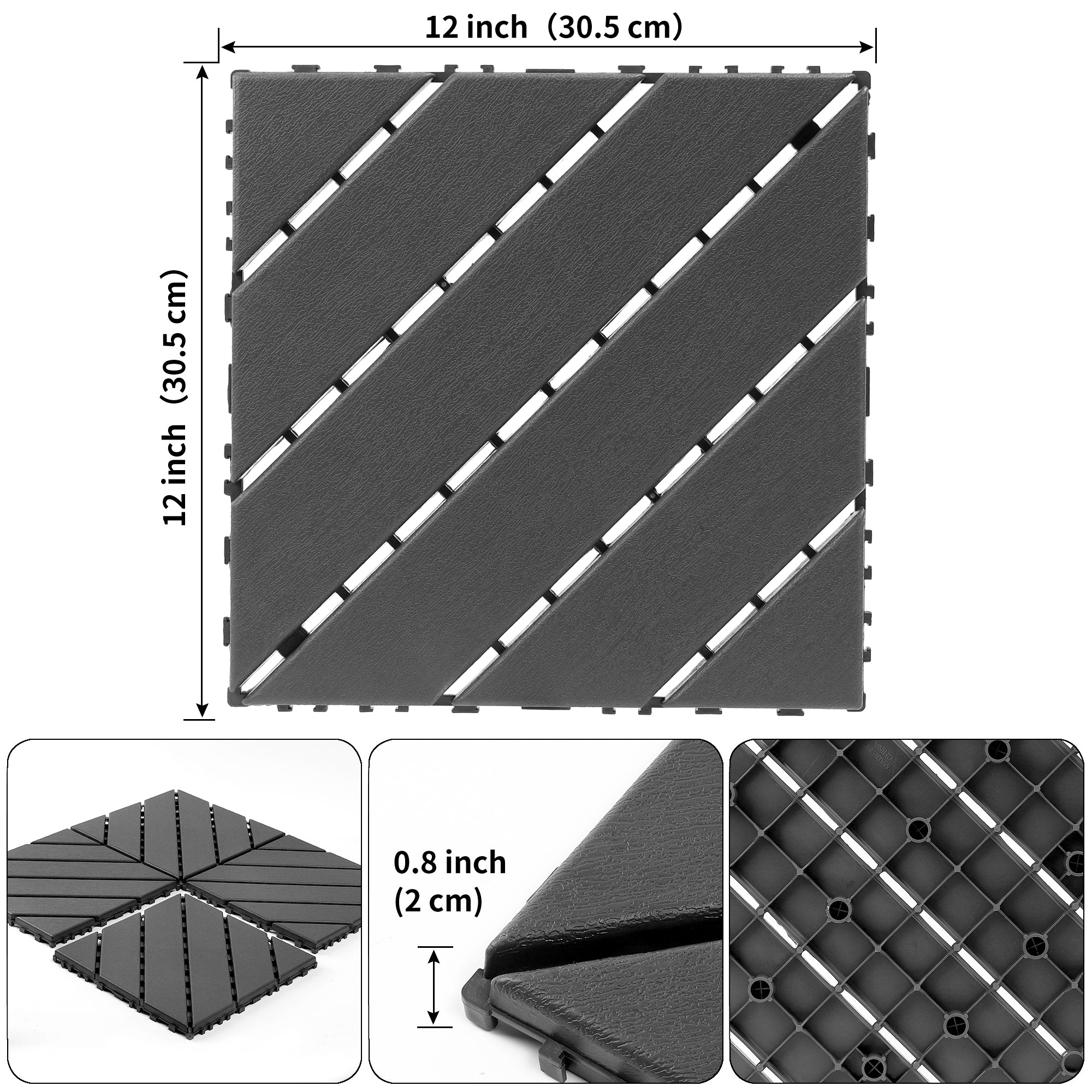 Plastic Interlocking Deck Tiles 44 Pack 12x12in Square Waterproof - Dark Grey