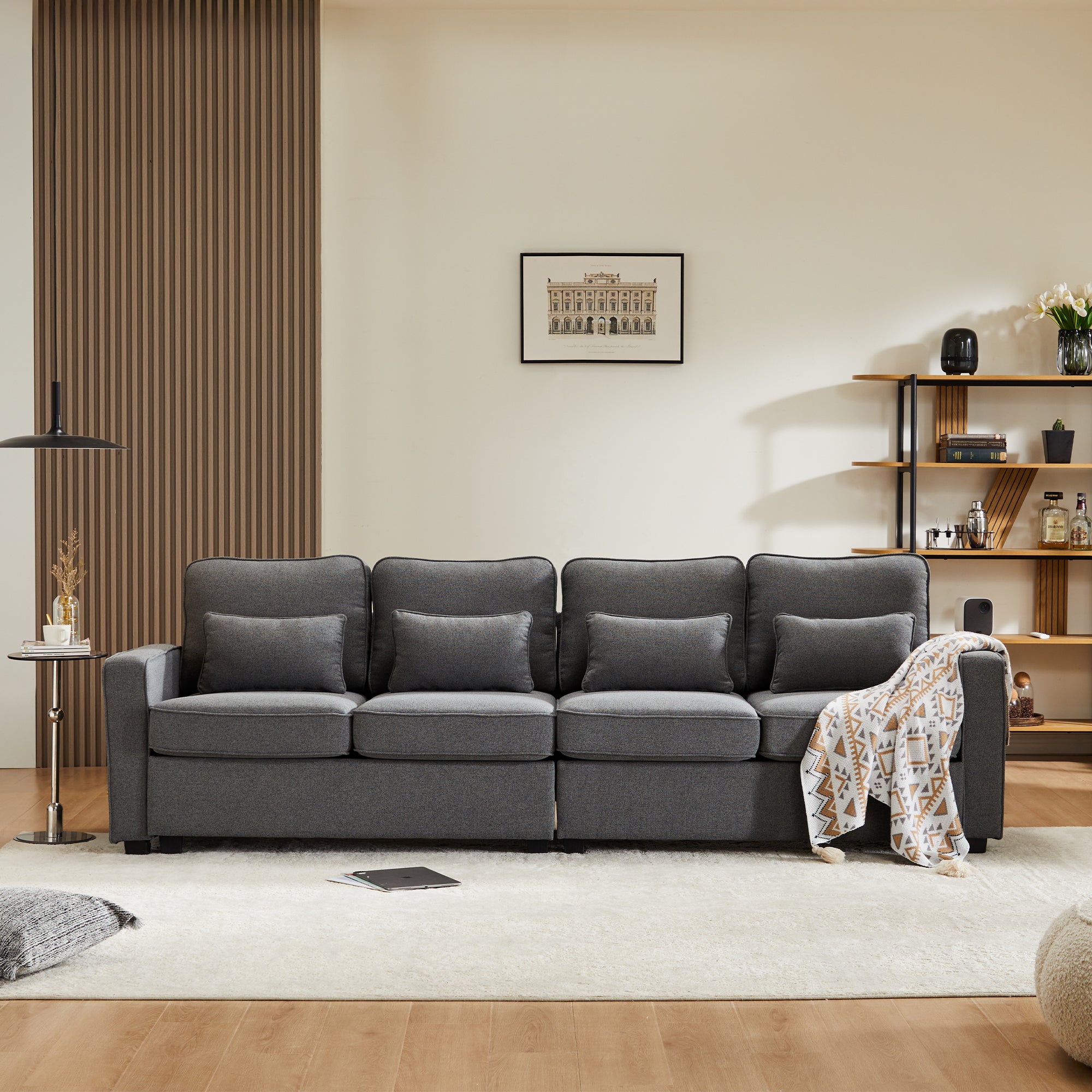 Modern 4-Seater Sofa, Simple Style with Armrest Pockets and 4 Cushions, Linen Fabric