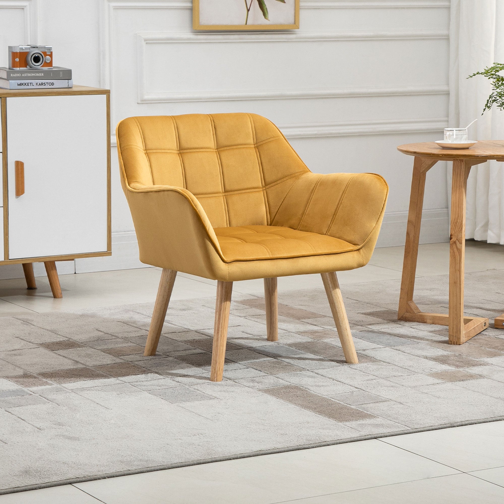 Modern Armchair, Accent Chair with Wide Arms, Slanted Back, Rubber Wood Legs, Yellow