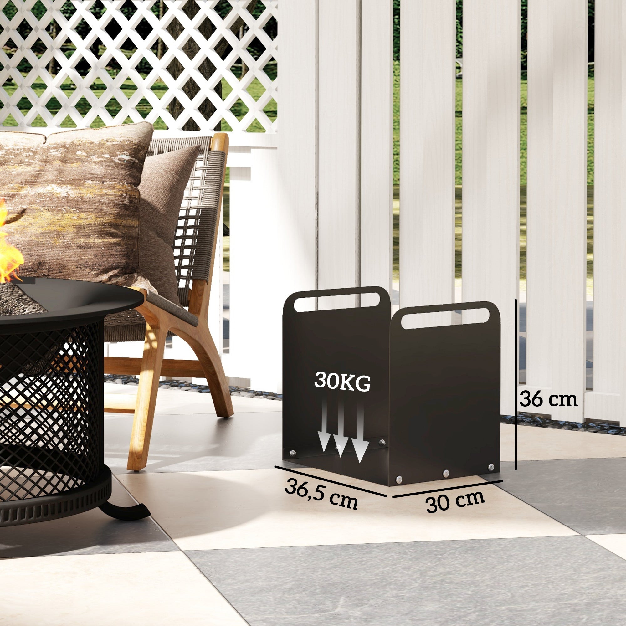 Firewood Rack 36.5x30x36cm with Handles, Indoor/Outdoor, 30kg, Black Steel
