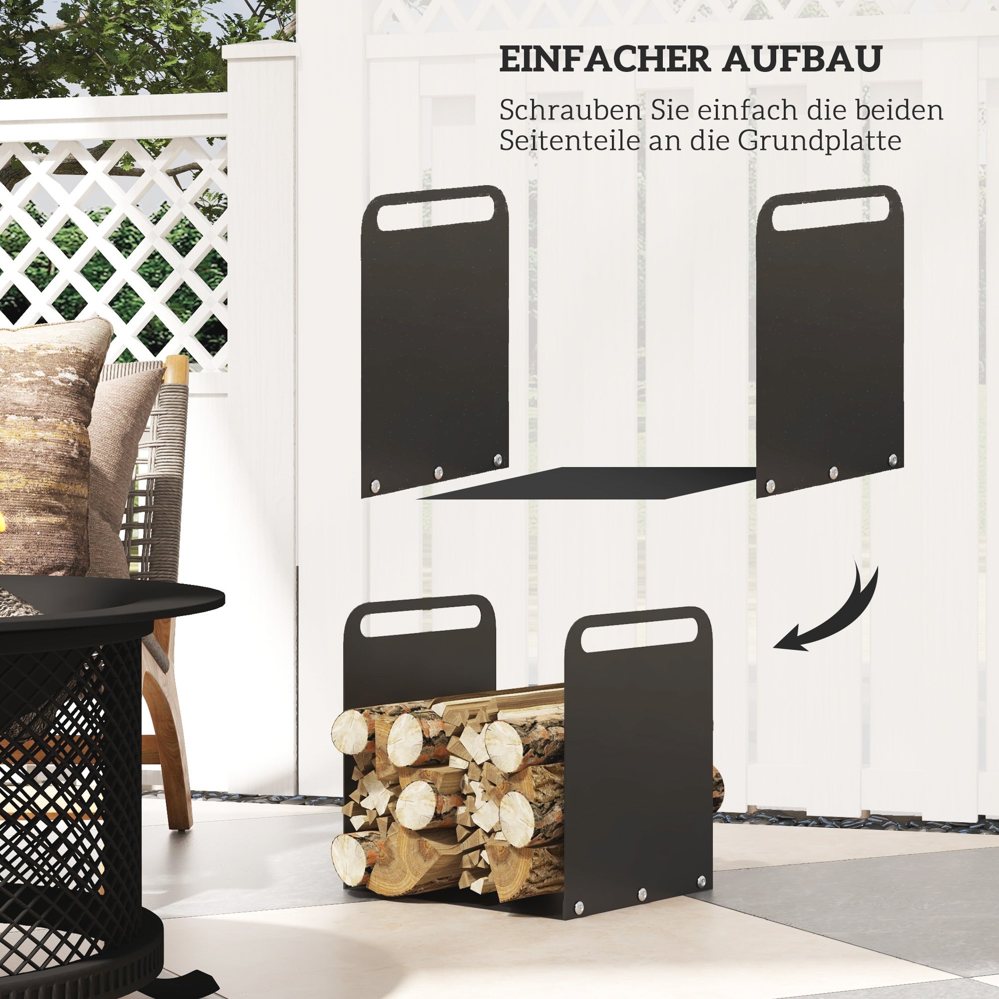 Firewood Rack 36.5x30x36cm with Handles, Indoor/Outdoor, 30kg, Black Steel