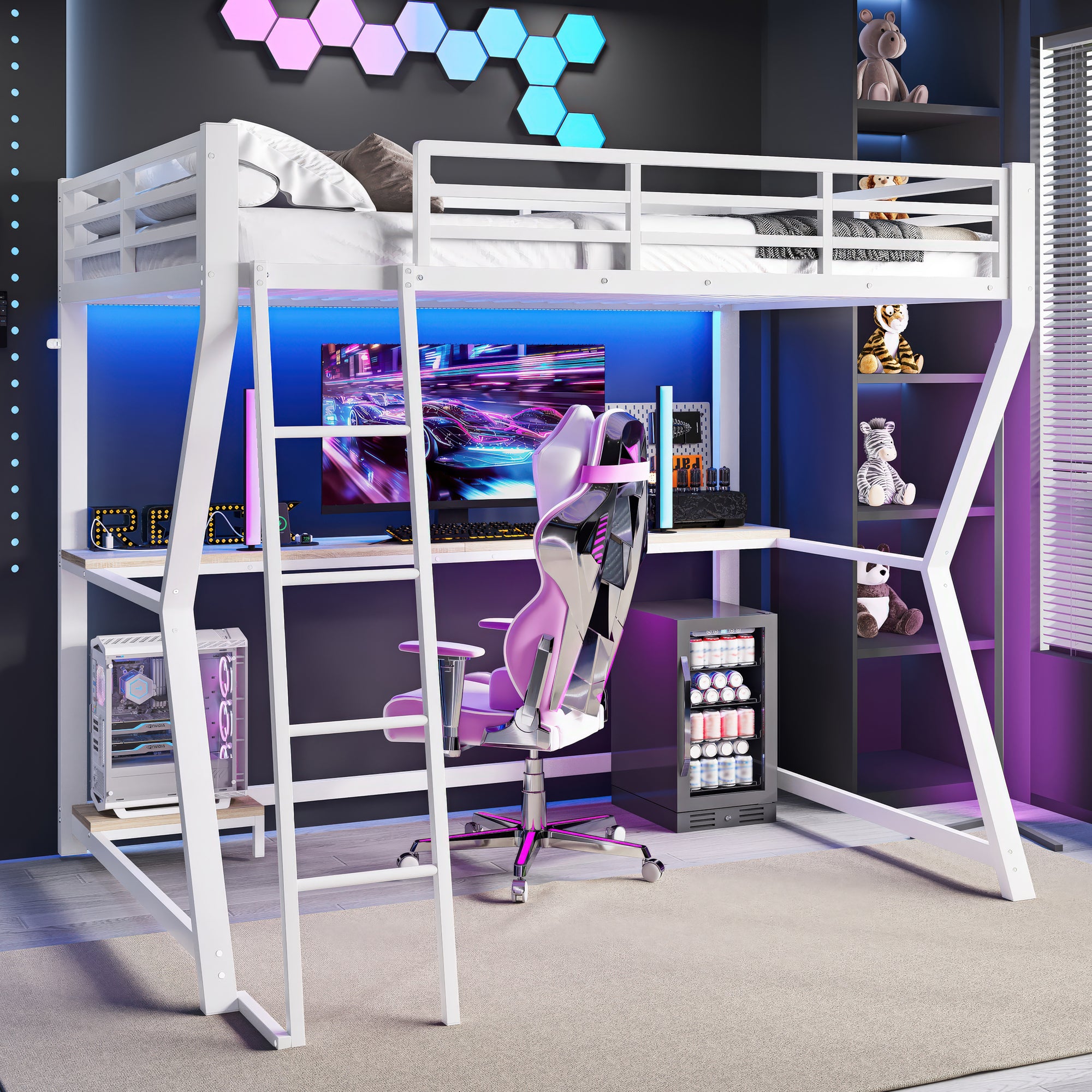 Loft Bed 90x200cm Desk LED USB Port Stairs - White