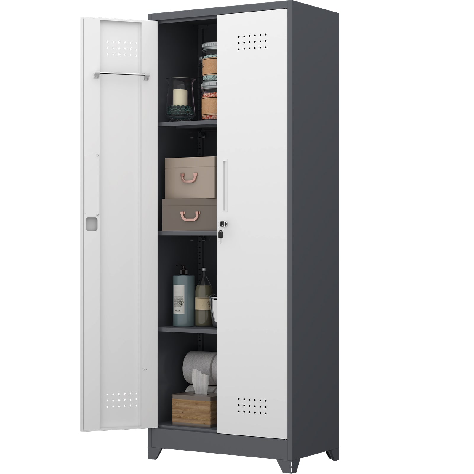 Broom Storage Cabinet with Locking Doors, Hanging Rod and S-Hooks, 65 Inch Metal, Gray