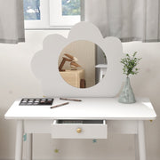 Kids Dressing Table with Mirror Stool Drawer Cloud Design, White MDF