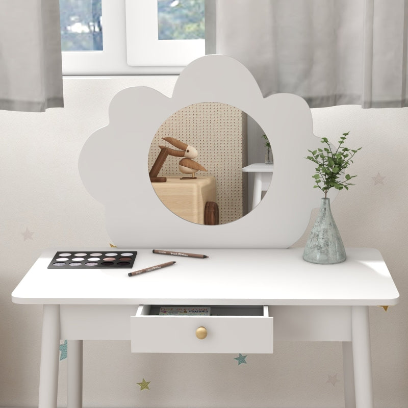 Kids Dressing Table with Mirror Stool Drawer Cloud Design, White MDF