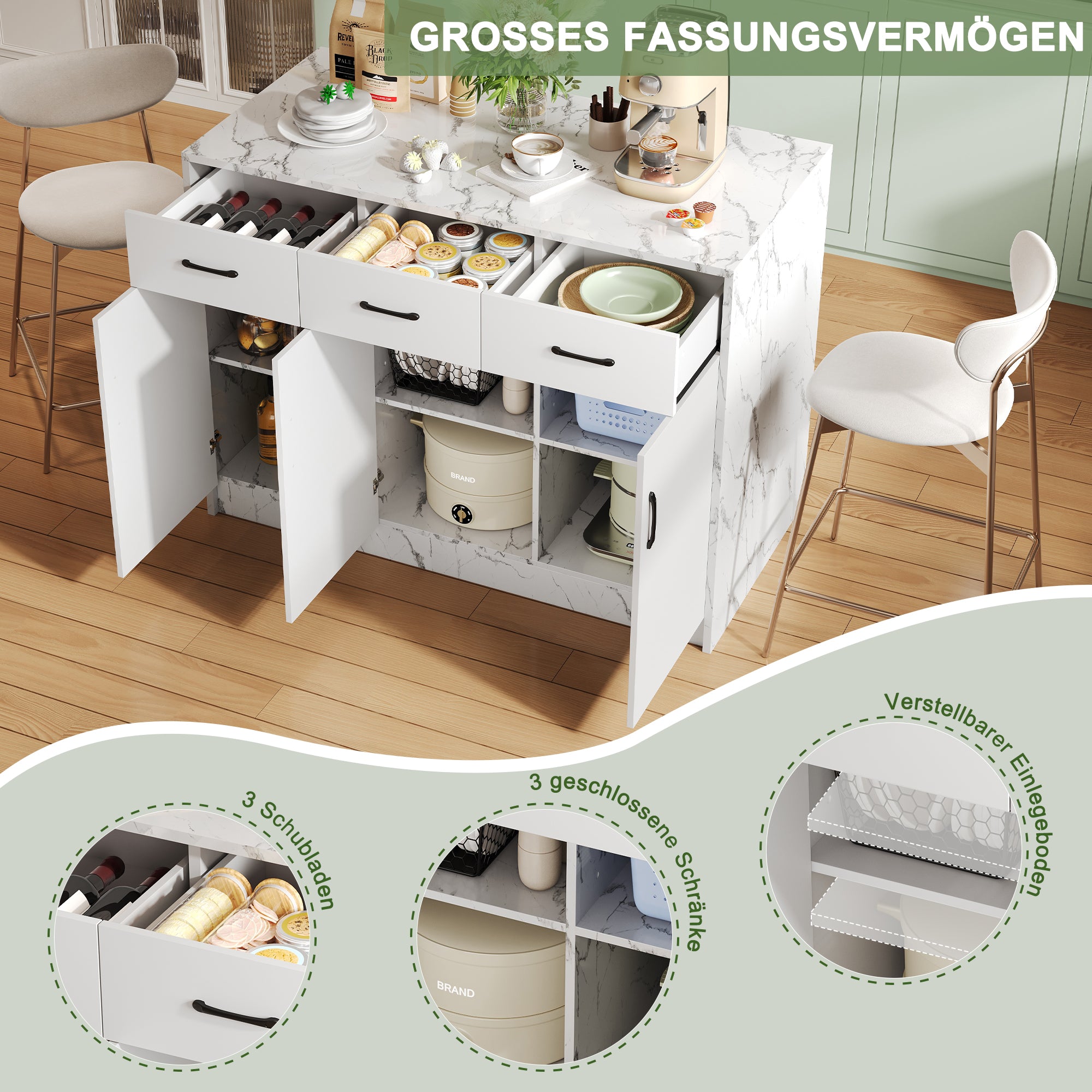 Large Kitchen Island 120x60cm 3 Drawers 3 Doors Adjustable Shelves - White Marble Design