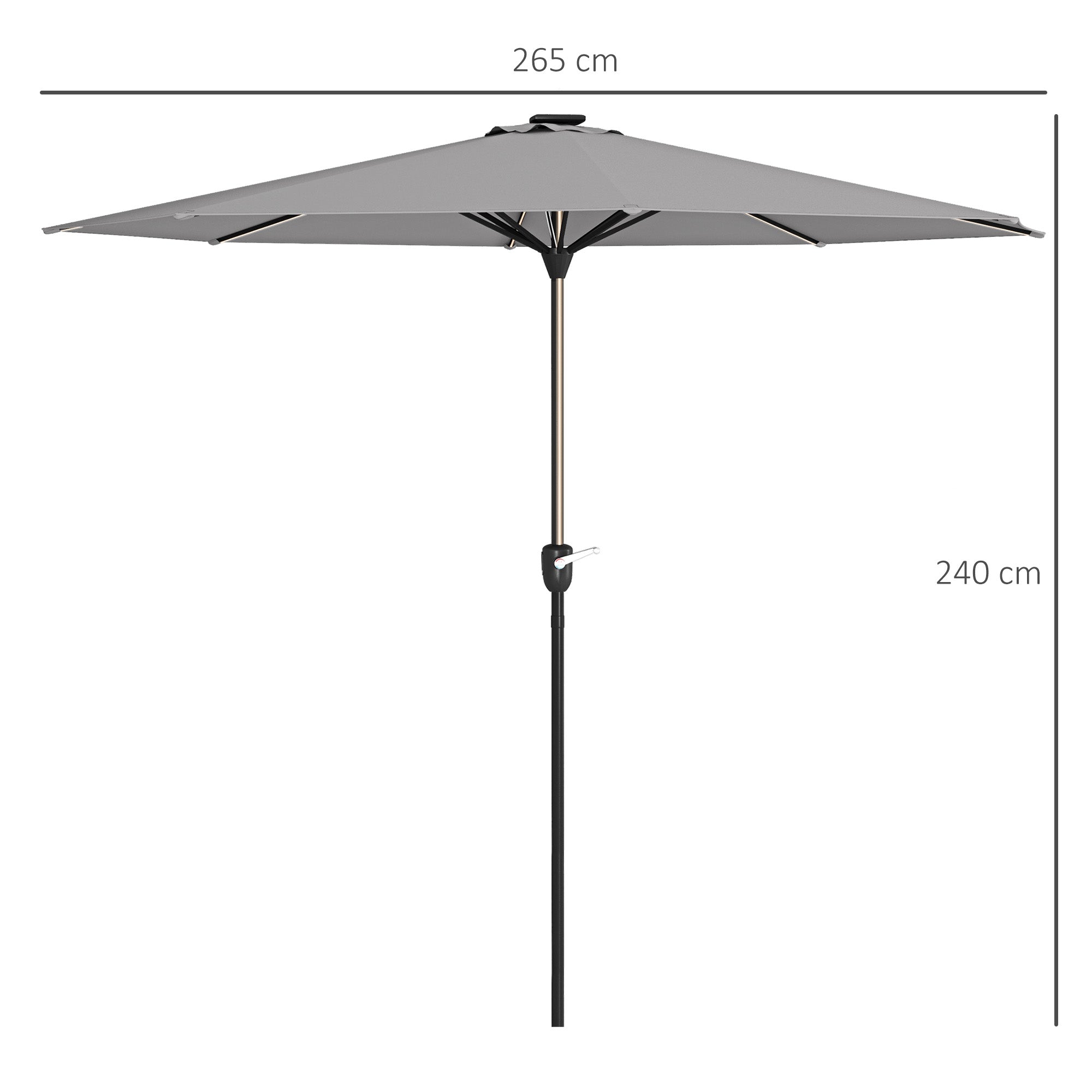 Garden Parasol Umbrella, 2.65m LED Lights, Light Grey