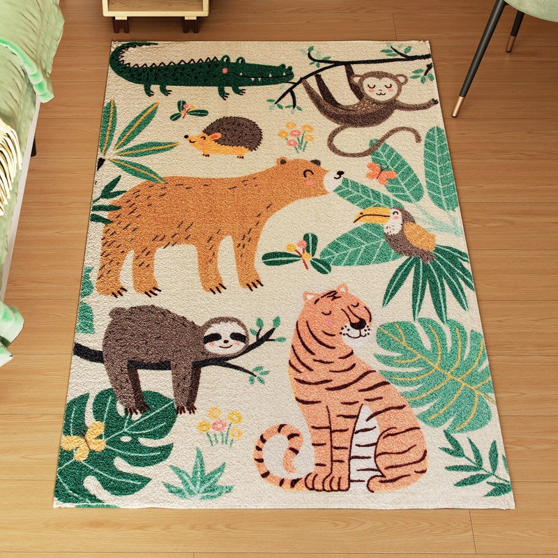 Fleece Rug, Jungle Pattern, Easy-Care, Cream White + Multi-Coloured