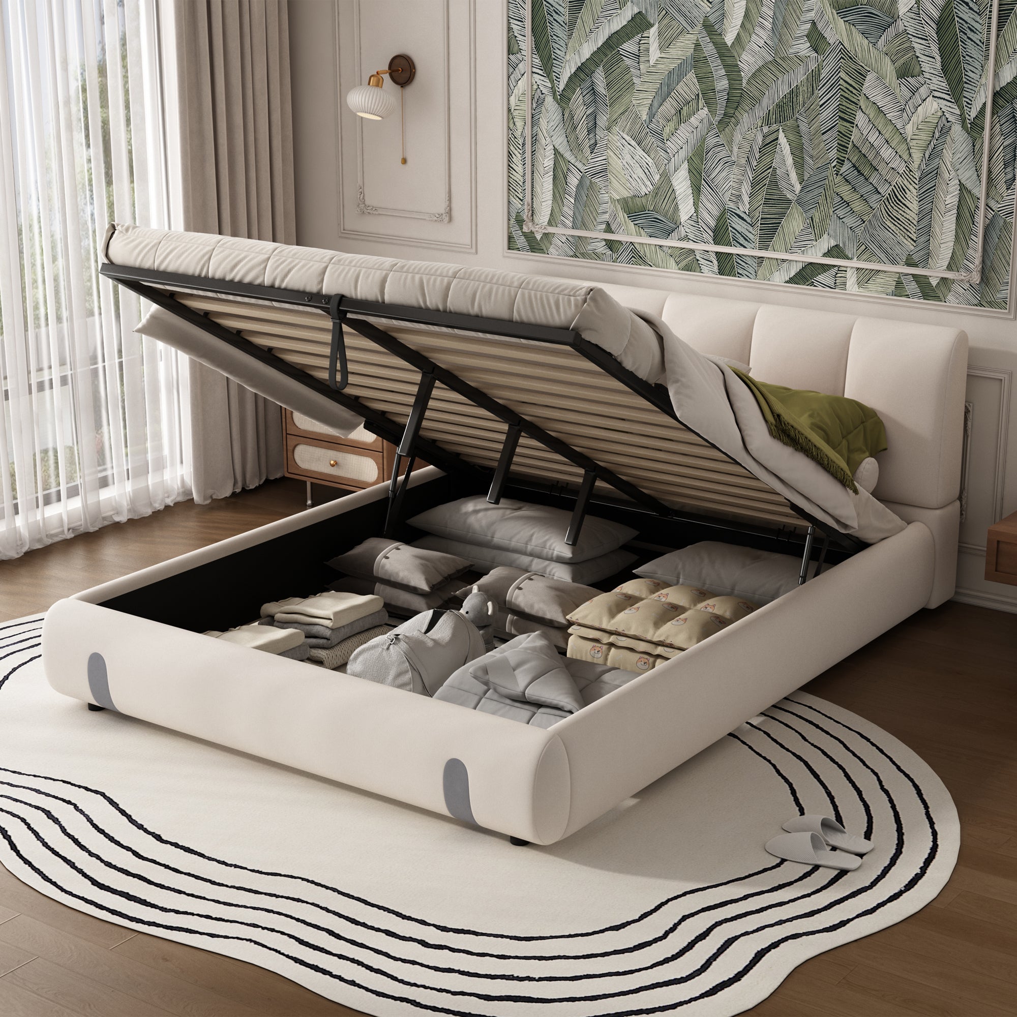 Upholstered Hydraulic Bed for Adults and Teenagers with Under-Bed Storage and Soft Headboard, White Velvet